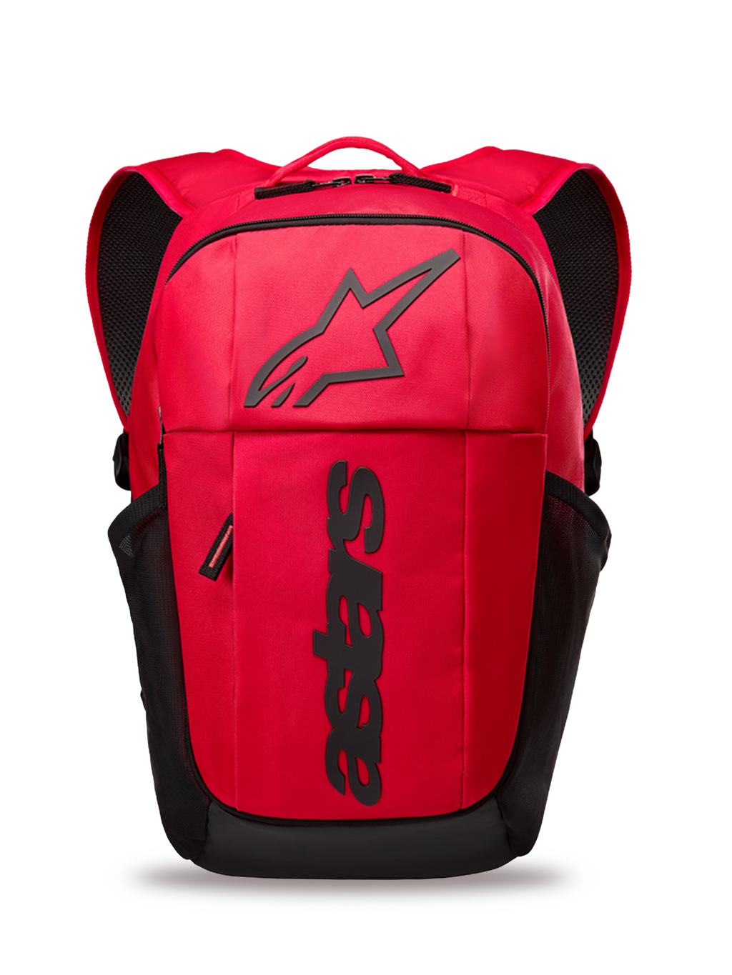 Alpinestars GFX Boss Backpack, röd och svart vardagsryggsäck, 20L kapacitet, med upphöjd Astars-logotyp i svart silikon och vertikal branding, sidofickor i mesh, vadderade axelremmar i luftmesh, slitstark 600D polyesterkonstruktion