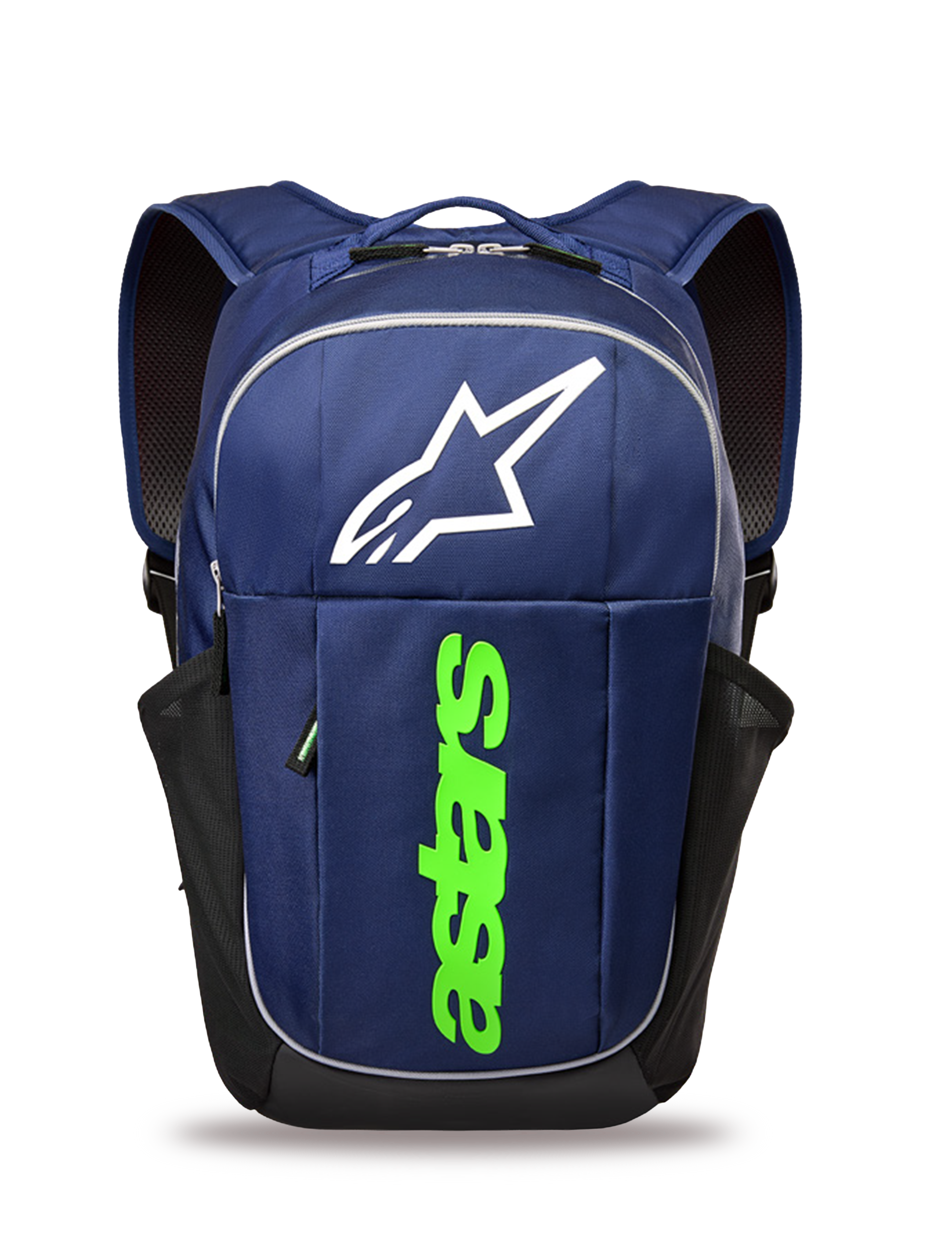 Alpinestars GFX Boss ryggsäck, lifestyle-ryggsäck, marinblå och limegrön, med en stor vit Astars-logotyp och vertikalt limegrönt tryck, sidofickor i mesh för vattenflaska, hållbar polyesterkonstruktion för vardagsbruk