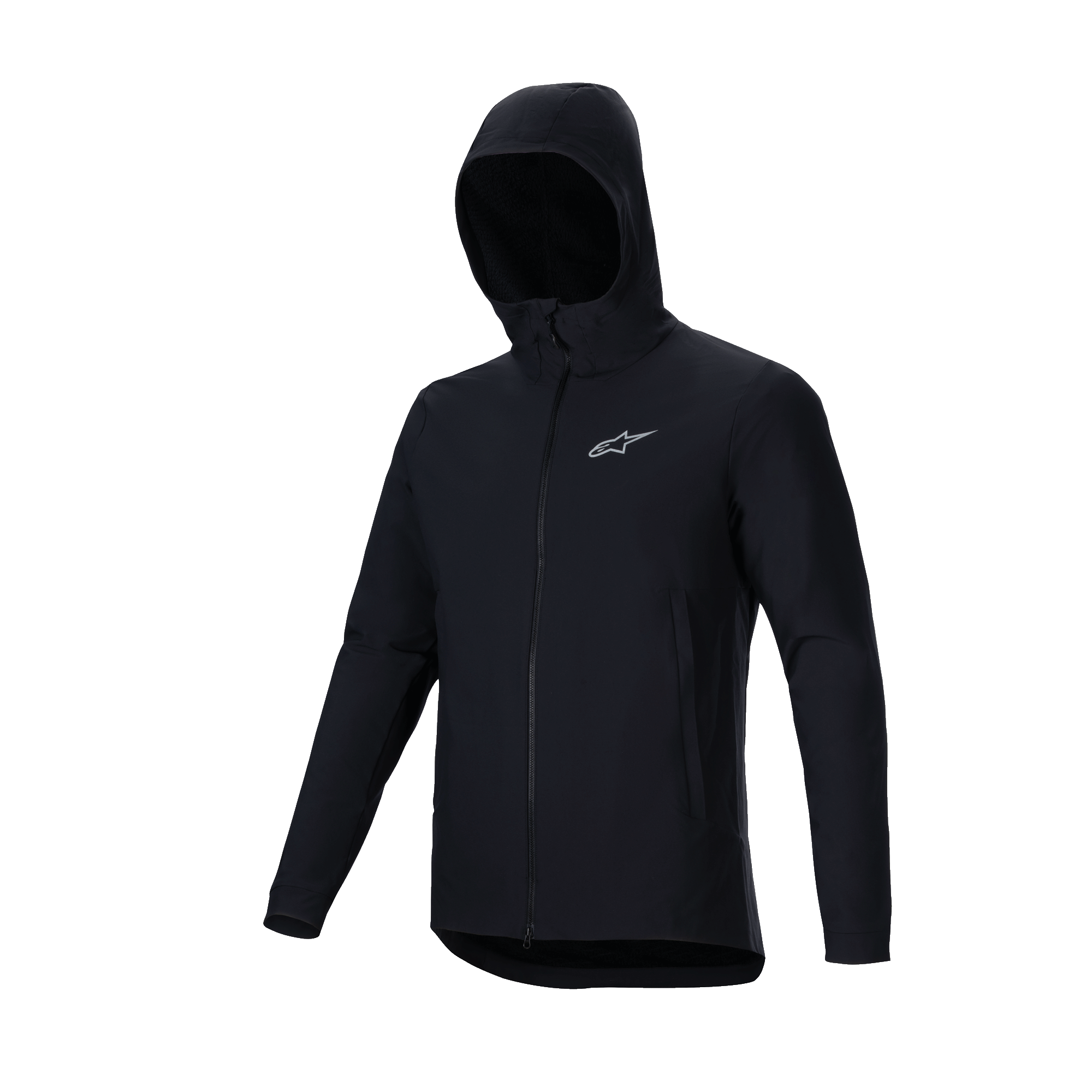 Alpinestars A-Dura Thermal Jacket, svart, lätt isolerad mountainbikejacka med huva, hel dragkedja fram och reflekterande Astars-logotyp i silver på bröstet, funktionella ytterkläder för cykling i kallt väder