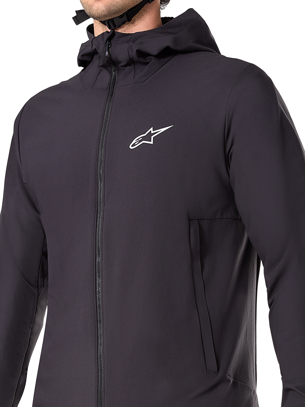 Alpinestars A-Dura Thermal Jacket, svart mountainbikejacka, detaljbild av det isolerade tekniska materialet, lätt och ventilerande design för terrängcykling i kalla väderförhållanden