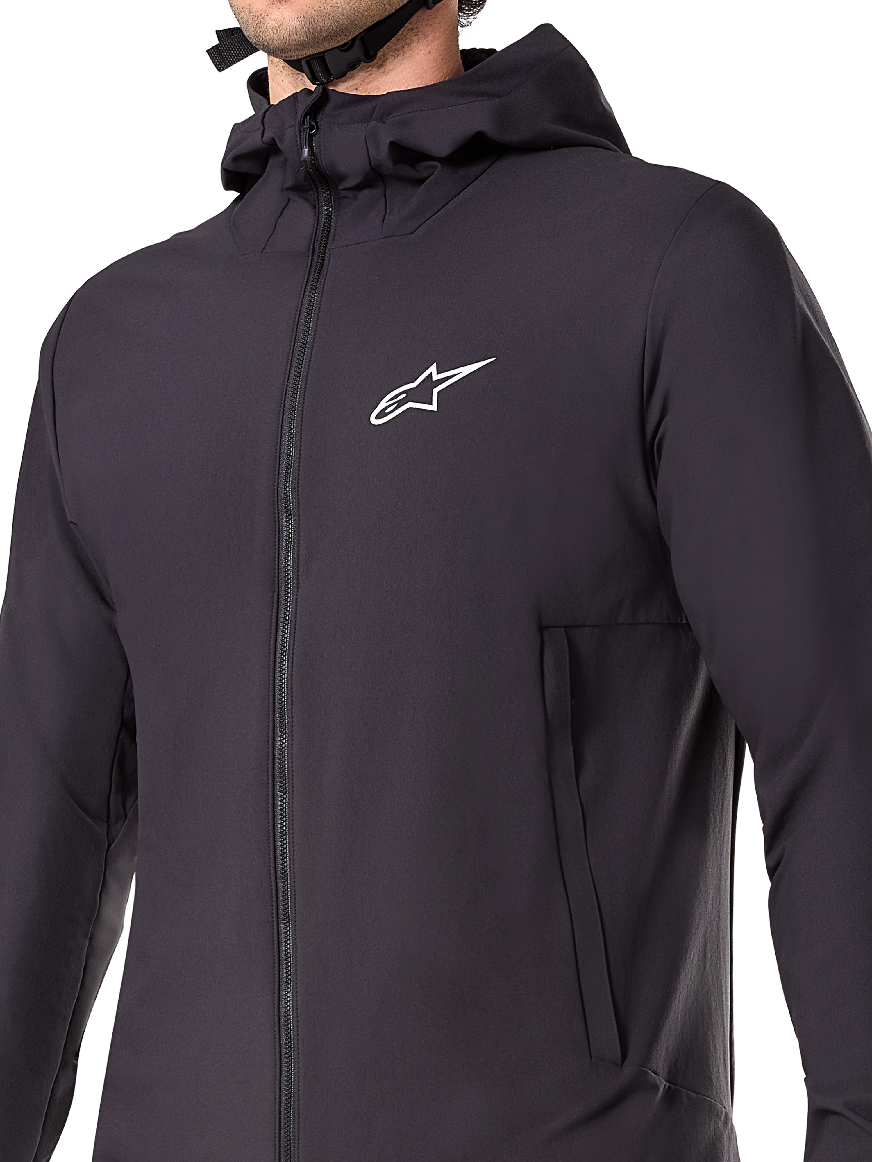 Alpinestars A-Dura Thermal Jacket, svart mountainbikejacka, detaljbild av det isolerade tekniska materialet, lätt och ventilerande design för terrängcykling i kalla väderförhållanden