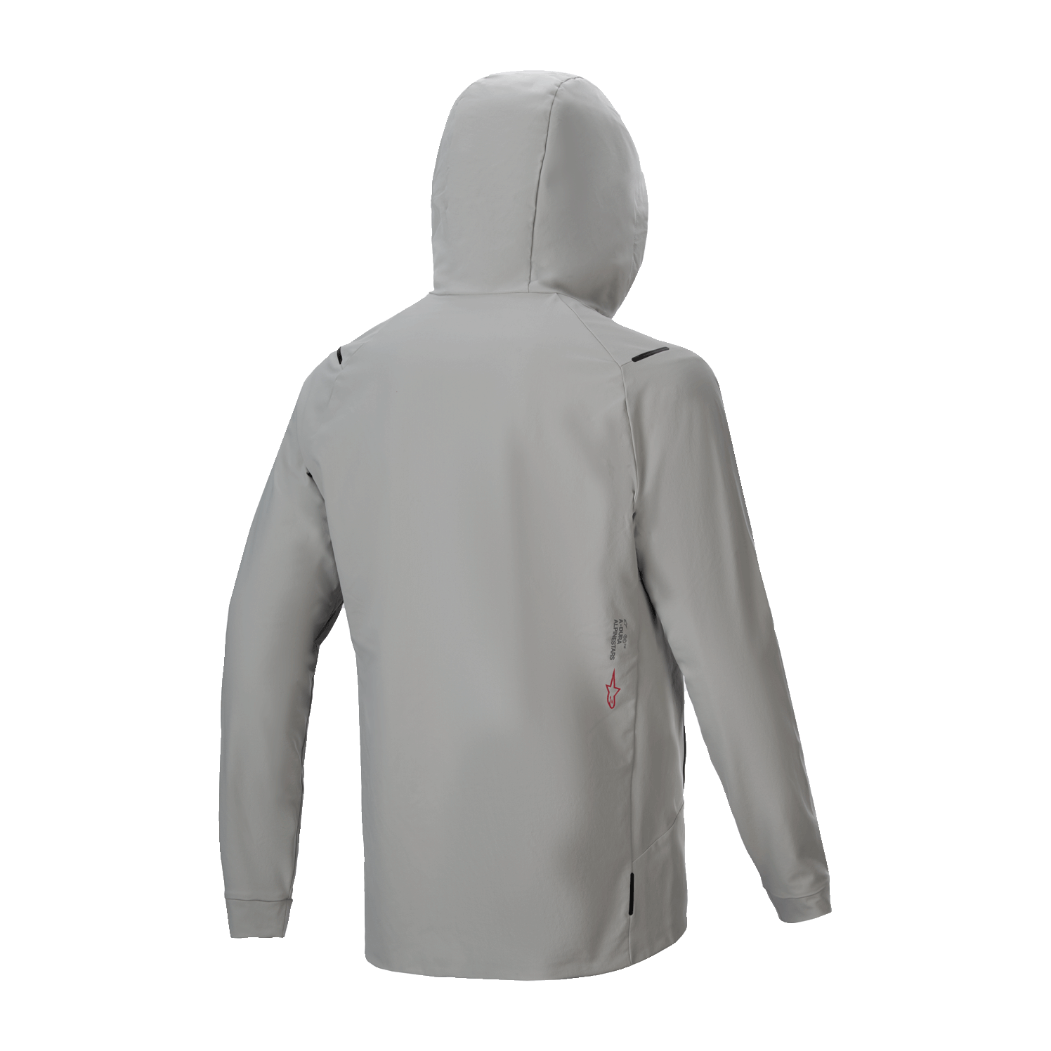 Alpinestars A-Dura Thermal Jacka, isolerad cykeljacka, Titanium Gray, vy bakifrån med huvan uppfälld, minimalistisk design med liten logotyp på nedre delen av ryggen, lätt termisk prestanda för mountainbike