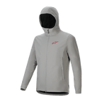 Alpinestars A-Dura Thermal Jacket, ljusgrå Titanium cykeljacka med isolerad huva, röd logotyp på bröstet och hel dragkedja framtill, teknisk mountainbike-utrustning för skydd i kallt väder