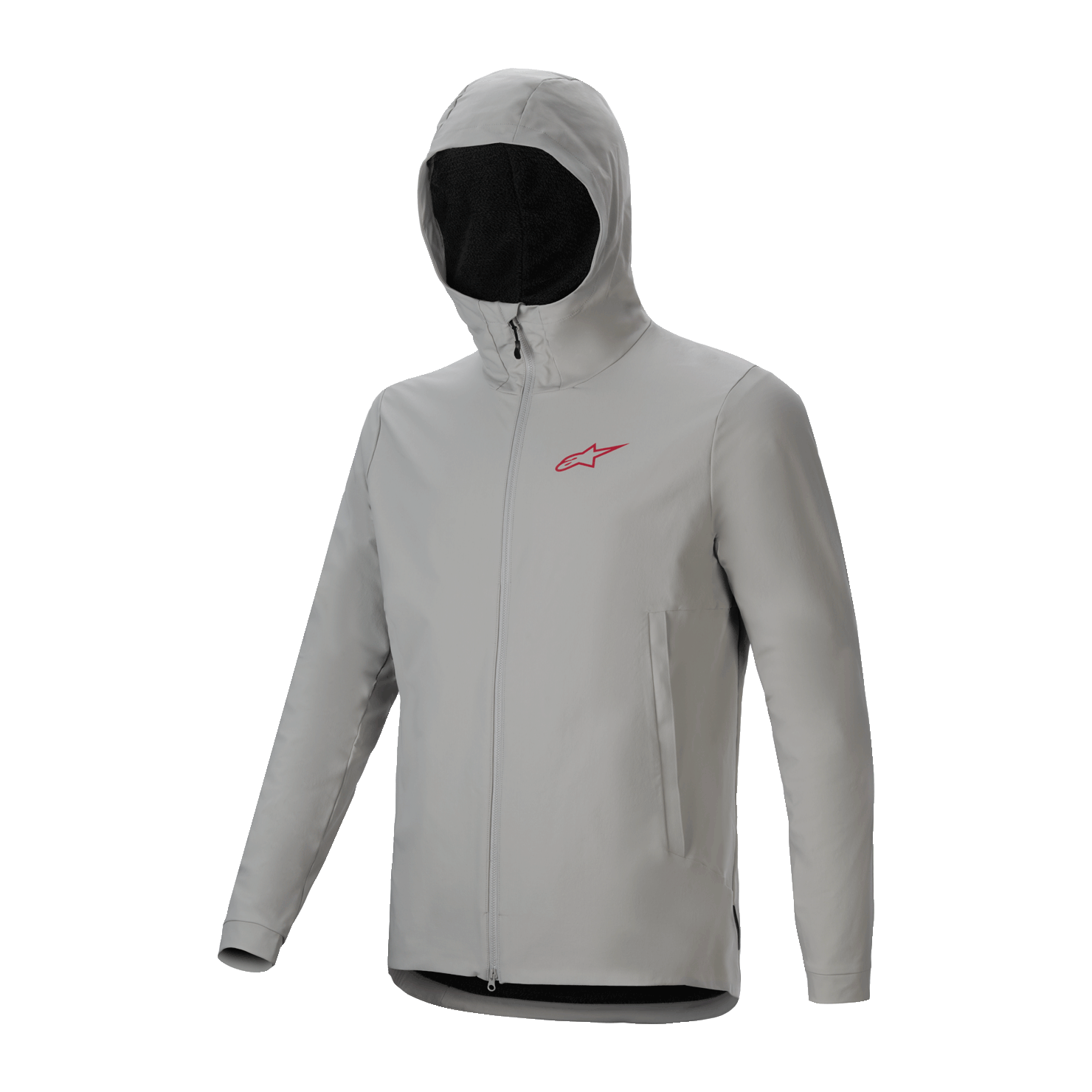 Alpinestars A-Dura Thermal Jacket, ljusgrå Titanium cykeljacka med isolerad huva, röd logotyp på bröstet och hel dragkedja framtill, teknisk mountainbike-utrustning för skydd i kallt väder