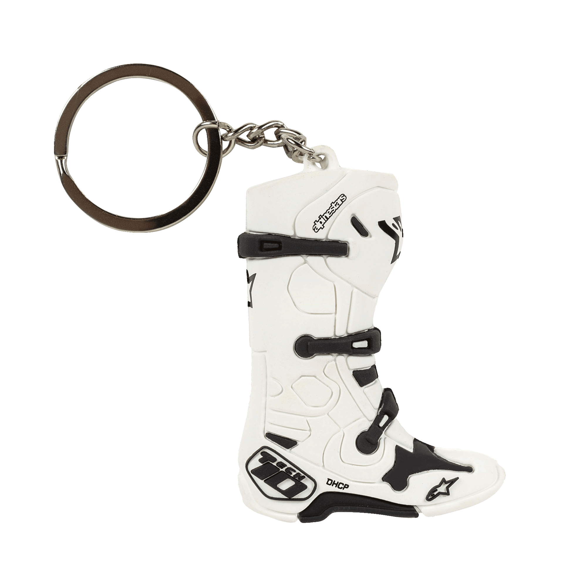 Alpinestars New Tech 10 Boot Nyckelring, miniatyr 3D-motocrossstövel, vit och svart, med detaljerade remmar och logotyper, metallring och kedja, motorsport-inspirerad accessoar