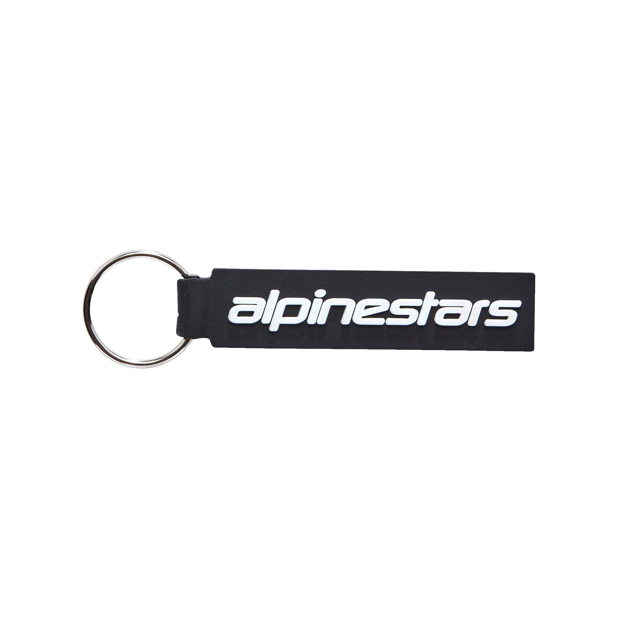 Alpinestars Linear Key Fob, svart rektangulär nyckelring med vit Alpinestars-logotyp, silver metallring, premium 3D-gjuten PVC-konstruktion, motorsport-inspirerat tillbehör