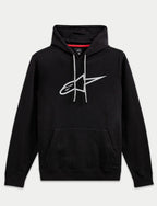 Alpinestars Ageless V3 Hoodie, casual streetwear, svart med stor grå broderad stjärnlogotyp, huva med grå dragskosnören, känguruficka, långa ärmar, modern motorsport-inspirerad design