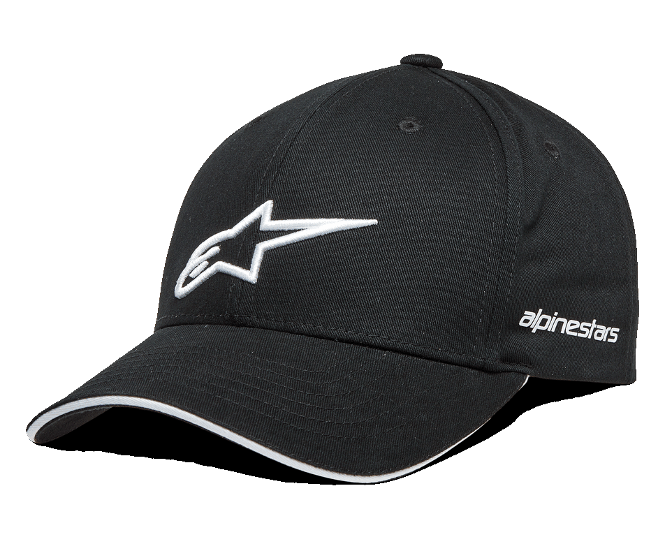 Alpinestars Rostrum Hat, svart baseballkeps med vit 3D-broderad stjärnlogotyp, böjd skärm med vit sandwich-detalj, Alpinestars ordlogotyp på sidan, motorsport-livsstil