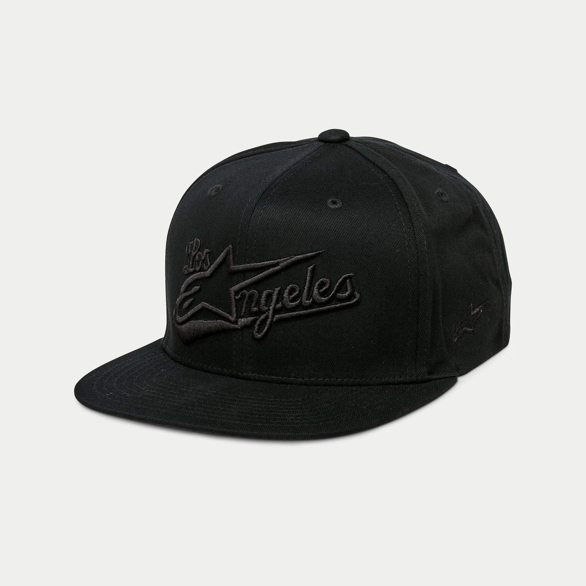 Alpinestars Los Angeles Hat, Flat Bill Snapback Cap, Black, 3D Tonal Embroidery with Los Angeles Script and Ageless Logo, Structured Crown, Casual Sportswear