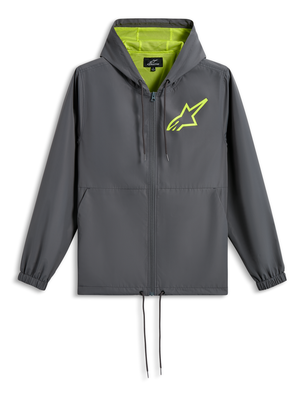 Alpinestars Speeder Chromium vindjacka, mörkgrå med varselgult, limegrön stjärnlogotyp på bröstet, nätfodrad huva, hel dragkedja framtill med dragsko i fållen, avslappnad motorsportinspirerad vindjacka