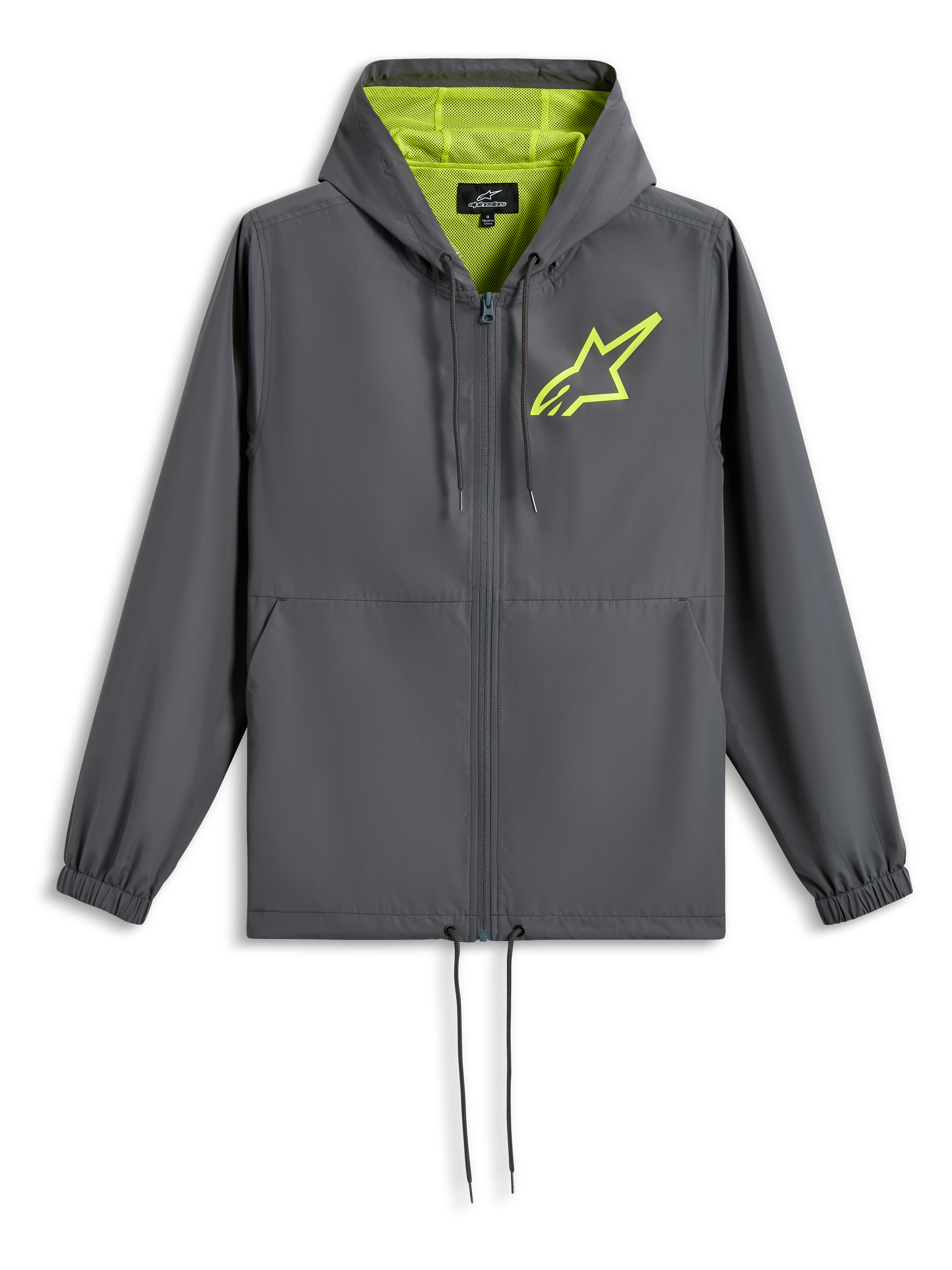 Alpinestars Speeder Chromium vindjacka, mörkgrå med varselgult, limegrön stjärnlogotyp på bröstet, nätfodrad huva, hel dragkedja framtill med dragsko i fållen, avslappnad motorsportinspirerad vindjacka