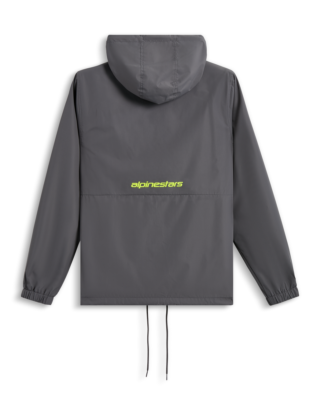 Alpinestars Speeder Chromium Windbreak Jacket, baksida, koksgrå med varselgul logotyp över ryggen, vindjacka med huva, elastiska muddar och fåll med dragsko, avslappnat motorsportinspirerat streetwear