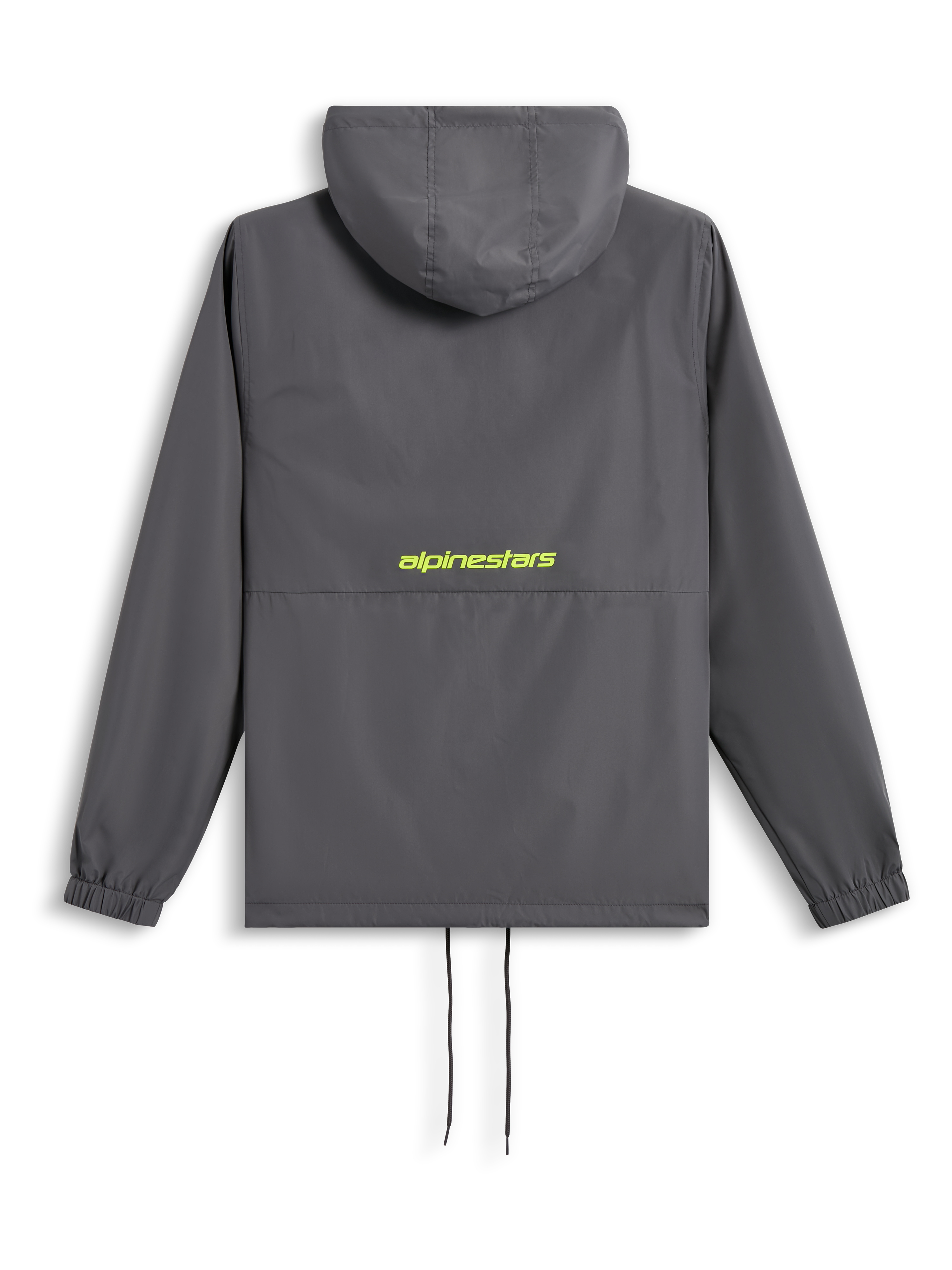 Alpinestars Speeder Chromium Windbreak Jacket, baksida, koksgrå med varselgul logotyp över ryggen, vindjacka med huva, elastiska muddar och fåll med dragsko, avslappnat motorsportinspirerat streetwear