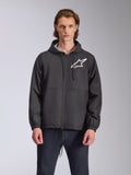 Alpinestars Speeder Chromium vindjacka, svart jacka med huva och vit stjärnlogotyp på bröstet, med dragkedja fram, huva med dragsnören och elastiska muddar, motorsport-inspirerat avslappnat streetwear
