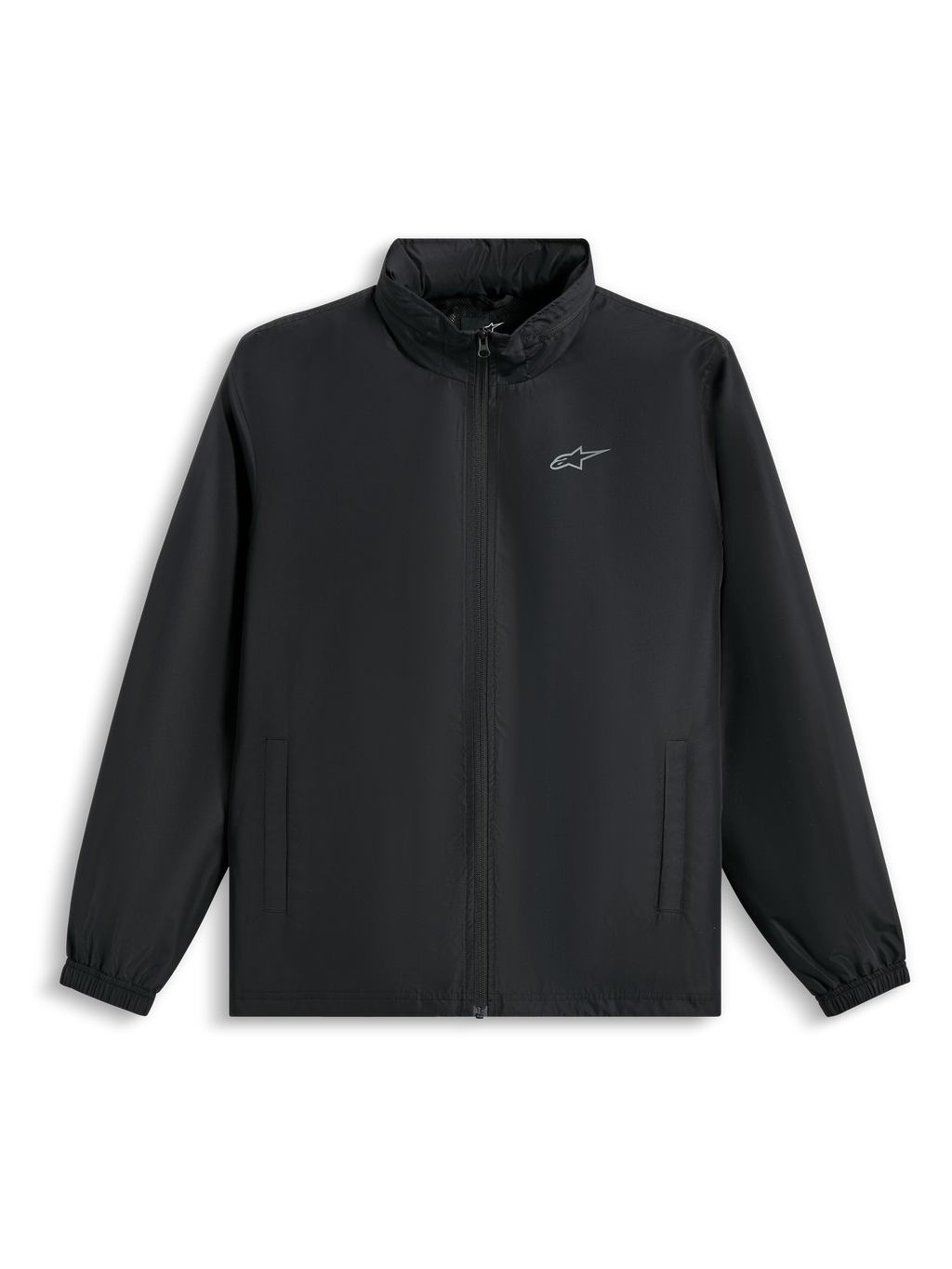 Alpinestars Overhaul Racer-jacka, svart regnskalsjacka med en liten silverlogotyp på bröstet, hel dragkedja framtill och sidofickor, vardaglig motorsportinspirerad streetwear