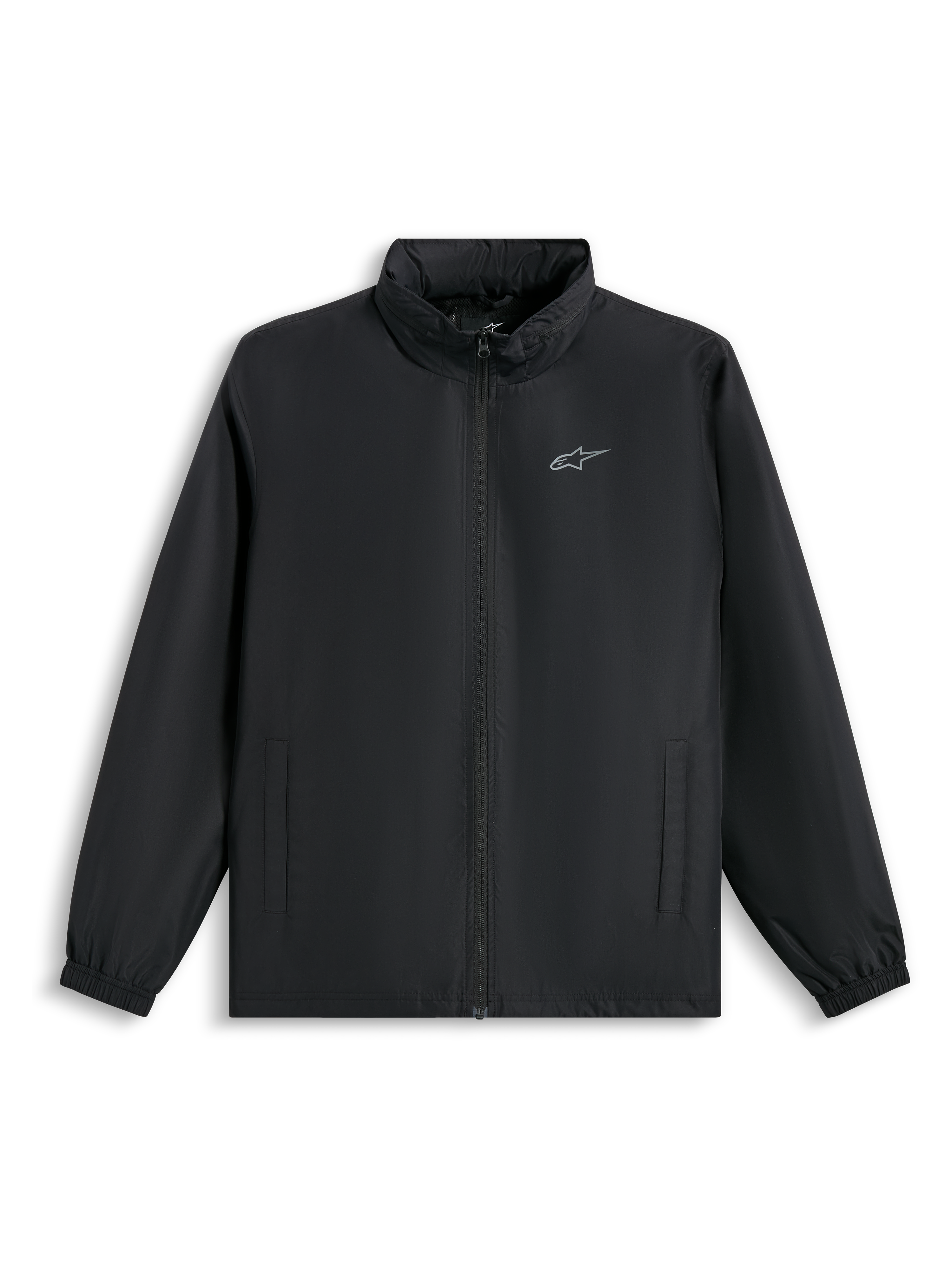 Alpinestars Overhaul Racer-jacka, svart regnskalsjacka med en liten silverlogotyp på bröstet, hel dragkedja framtill och sidofickor, vardaglig motorsportinspirerad streetwear