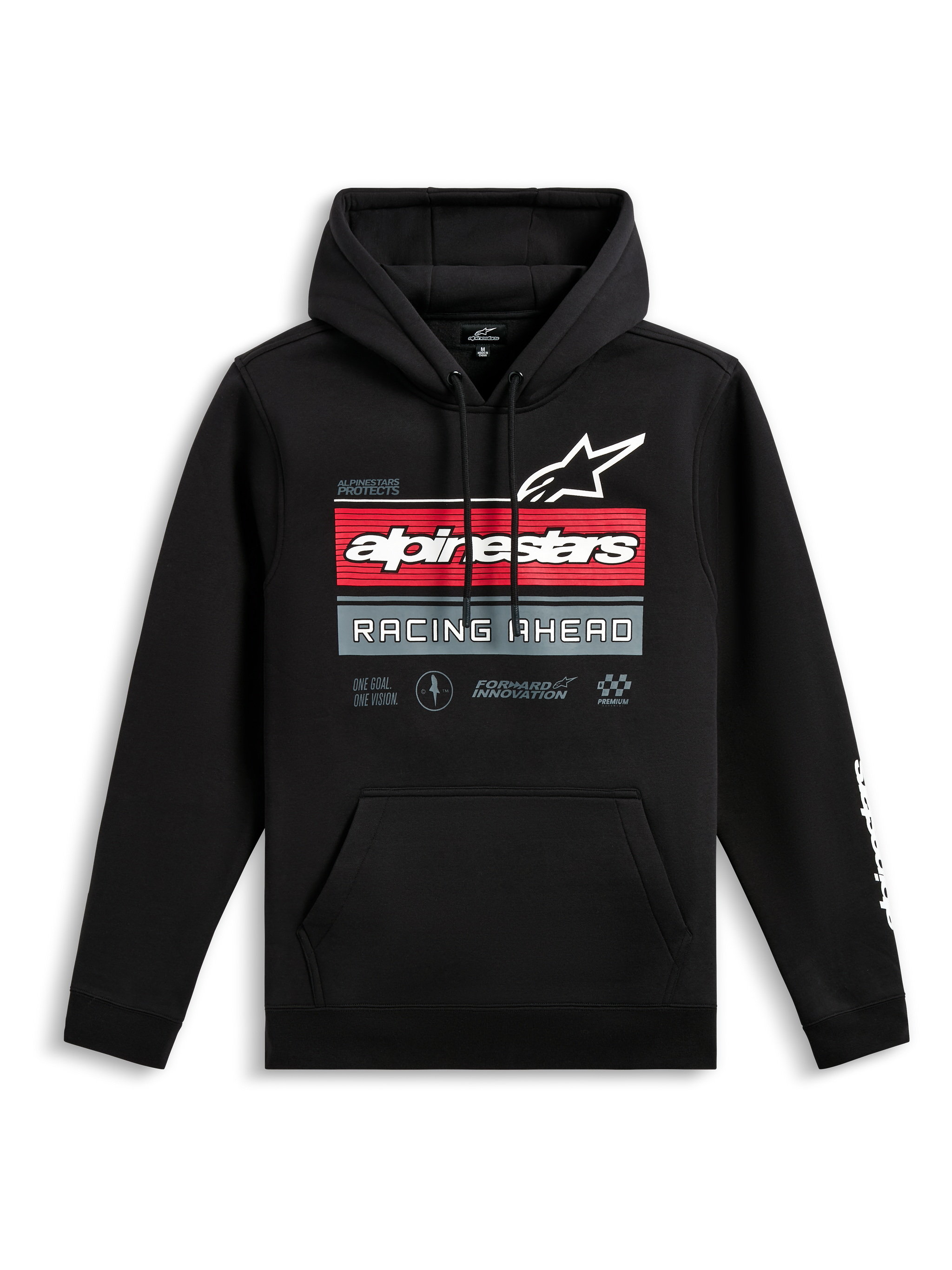 Alpinestars Harken Hoodie, Black pullover hoodie, front graphic with Alpinestars logo and 'Racing Ahead' text, red and grey horizontal stripes, kangaroo pocket, white wordmark logo on sleeve, casual motorsport-inspired streetwear