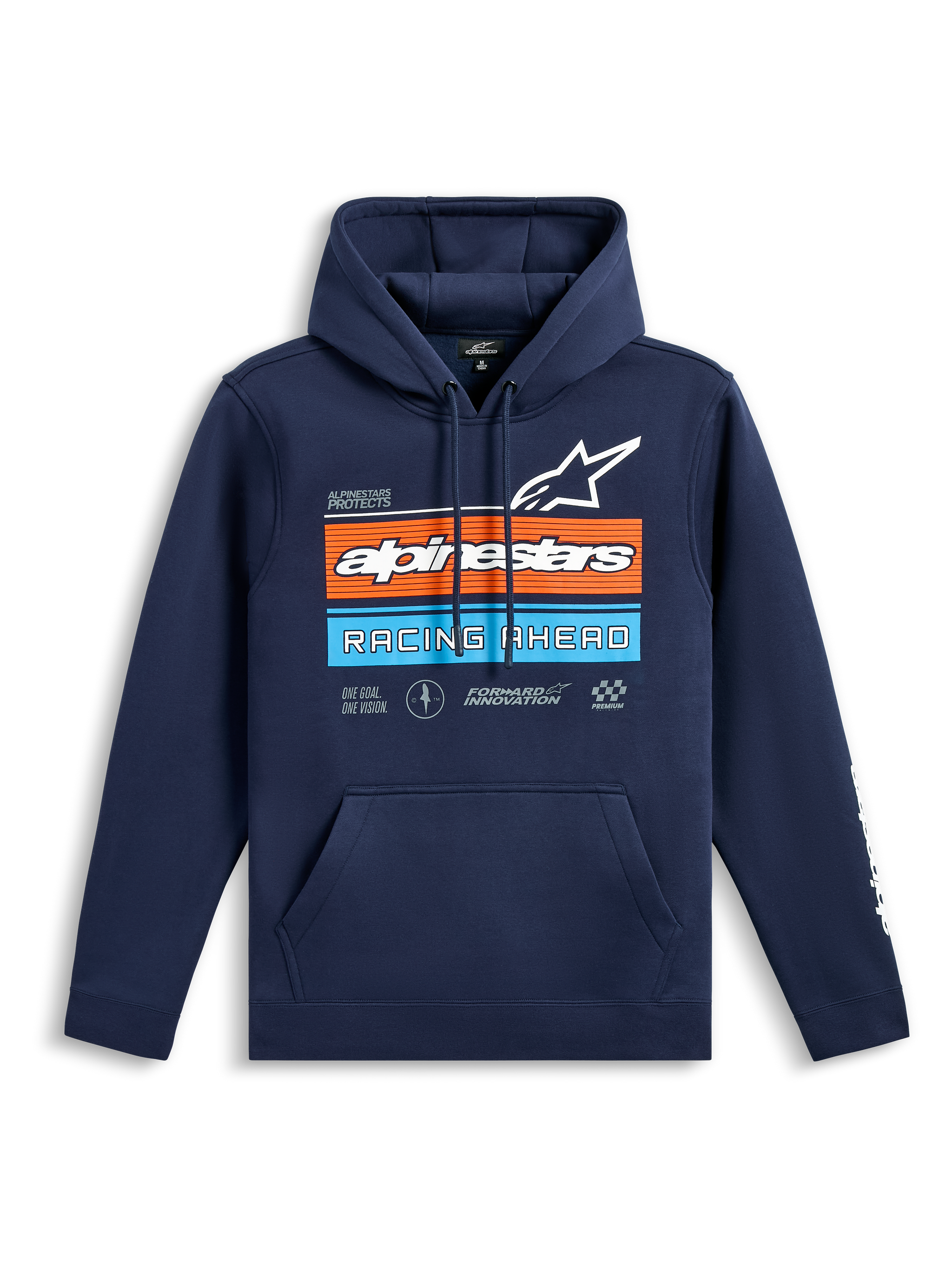Alpinestars Harken Hoodie, Navy Blue pullover fleece, front chest graphic with orange and light blue stripes, white Alpinestars logo and 'Racing Ahead' text, kangaroo pocket, long sleeves with wordmark logos, casual motorsport-inspired design