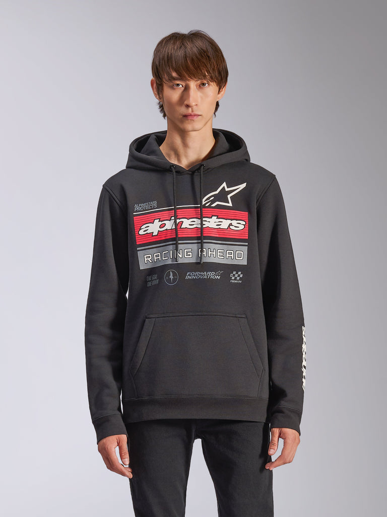Alpinestars Harken Hoodie, Black Pullover Fleece Hoodie, featuring a red and grey gradation graphic with Alpinestars logo and 'Racing Ahead' text, kangaroo pocket, drawstring hood, and sleeve branding, casual motorsport-inspired design