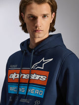 Alpinestars Harken Hoodie, Navy Blue pullover hoodie, chest graphic with orange and light blue horizontal bars, white star logo, 'Racing Ahead' text, casual motorsport streetwear