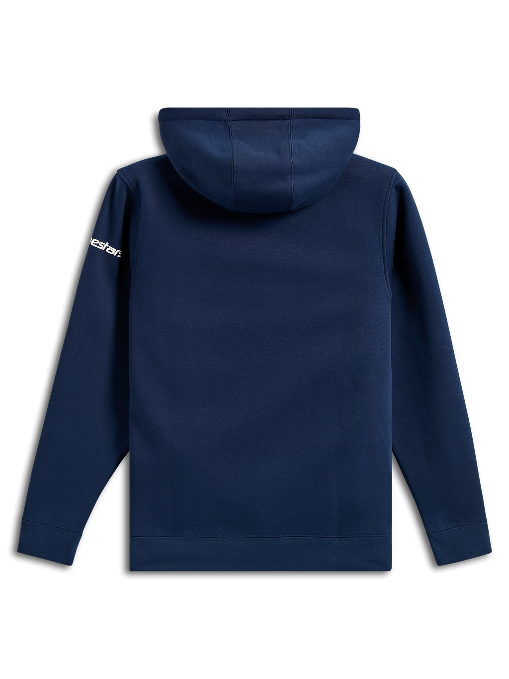 Alpinestars Frontal Hoodie, vardaglig marinblå huvtröja i fleece, vy bakifrån, vit Alpinestars-ordlogotyp på ärmen, ribbade muddar och fåll, motorsport-inspirerat streetwear