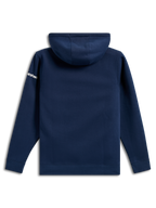 Alpinestars Frontal Hoodie, vardaglig marinblå huvtröja i fleece, vy bakifrån, vit Alpinestars-ordlogotyp på ärmen, ribbade muddar och fåll, motorsport-inspirerat streetwear