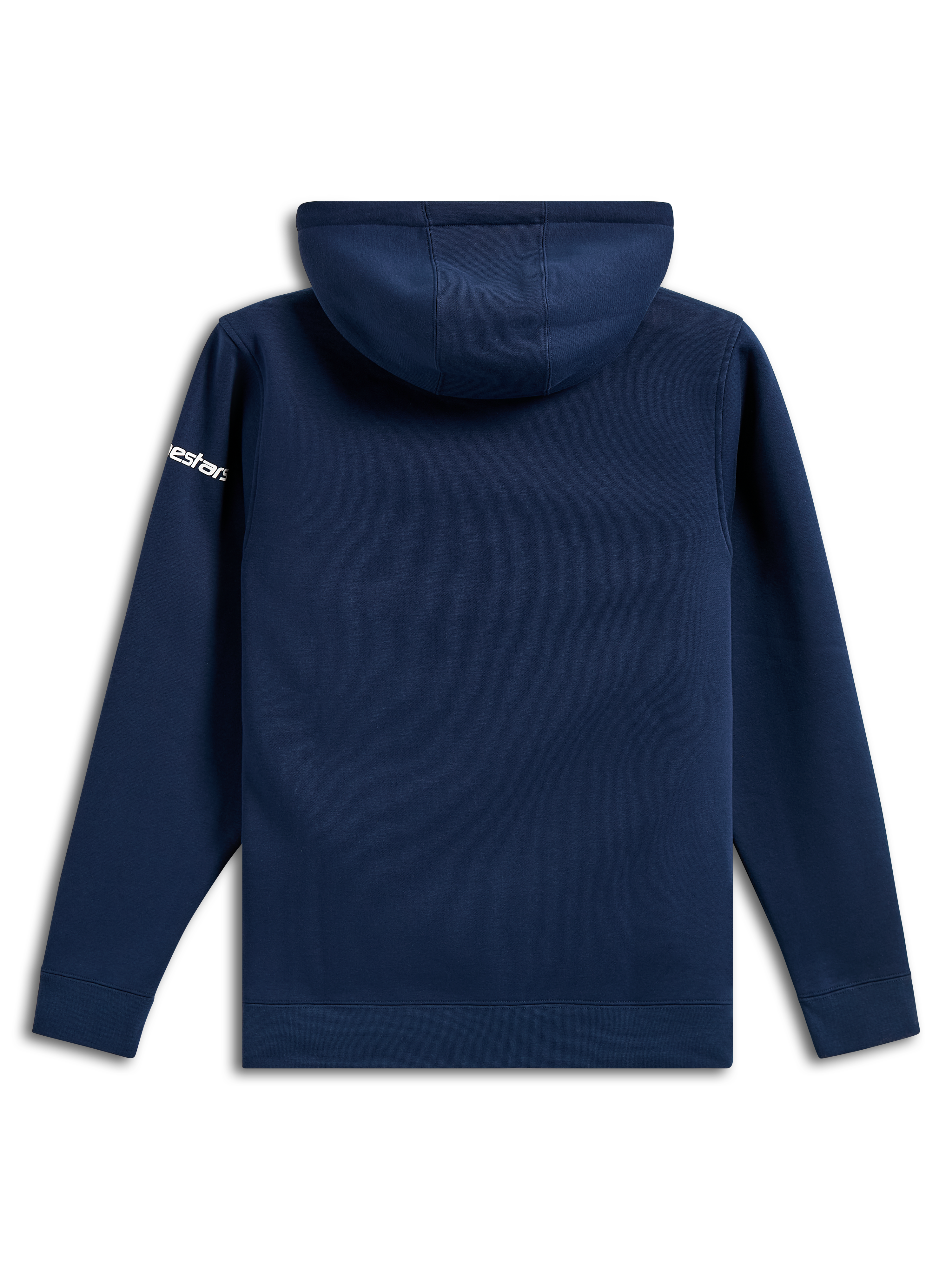 Alpinestars Frontal Hoodie, vardaglig marinblå huvtröja i fleece, vy bakifrån, vit Alpinestars-ordlogotyp på ärmen, ribbade muddar och fåll, motorsport-inspirerat streetwear
