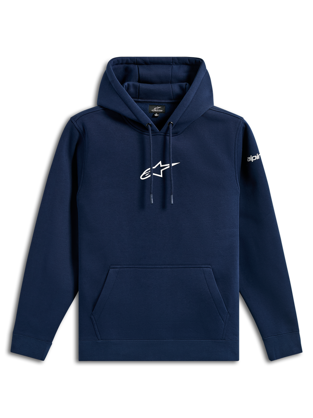 Alpinestars Frontal Hoodie, vardaglig streetwear, marinblå med vit Astars-logotyp på bröstet och ordmärke på ärmen, huva med dragsko, känguruficka, modern motorsportinspirerad design