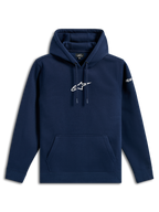 Alpinestars Frontal Hoodie, vardaglig streetwear, marinblå med vit Astars-logotyp på bröstet och ordmärke på ärmen, huva med dragsko, känguruficka, modern motorsportinspirerad design