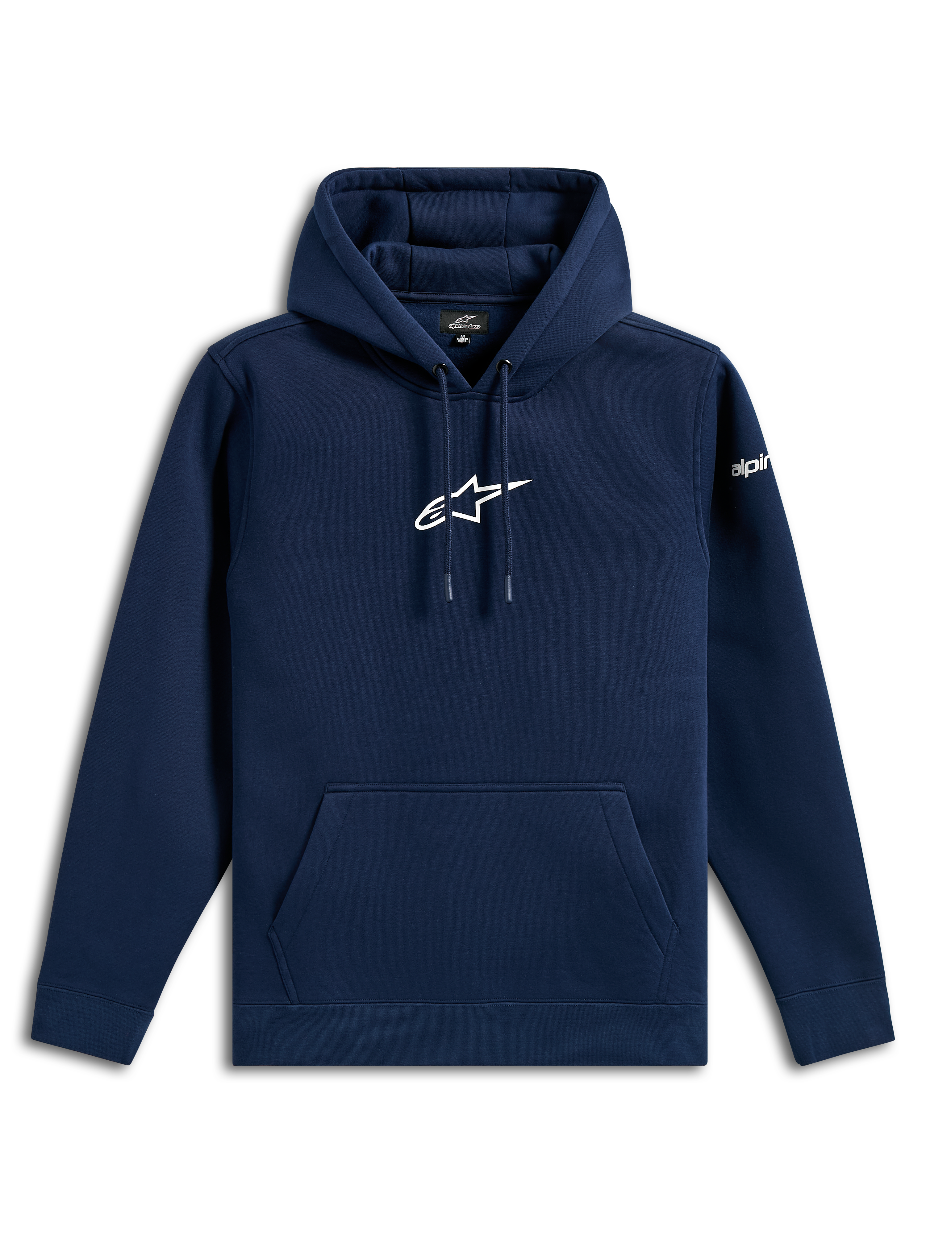 Alpinestars Frontal Hoodie, vardaglig streetwear, marinblå med vit Astars-logotyp på bröstet och ordmärke på ärmen, huva med dragsko, känguruficka, modern motorsportinspirerad design