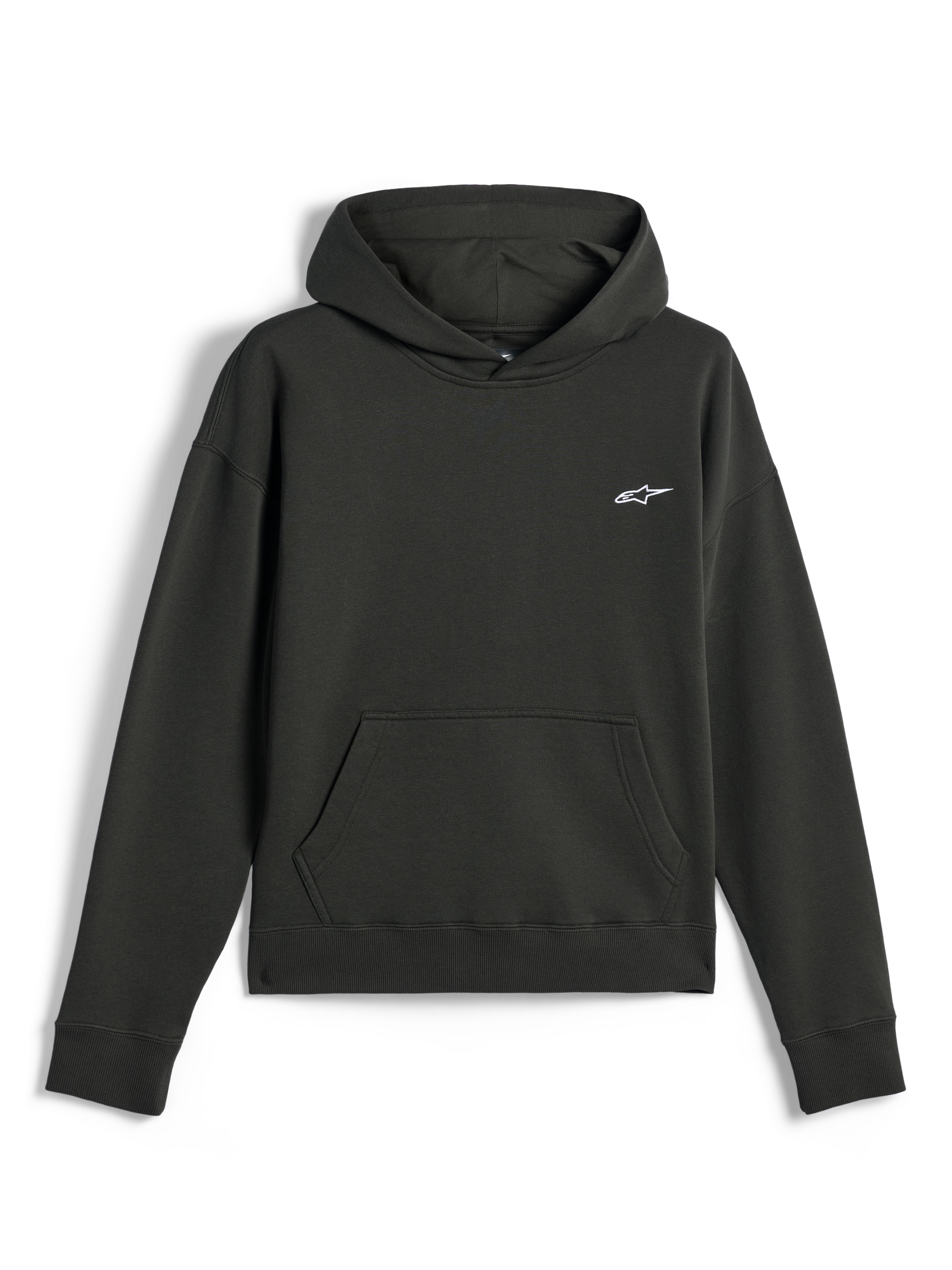 Alpinestars Essentials Ageless Huvtröja, avslappnad streetwear, Off Black med liten vit Astars-logotyp, pullover med huva och känguruficka fram, premium stentvättad fleece-finish