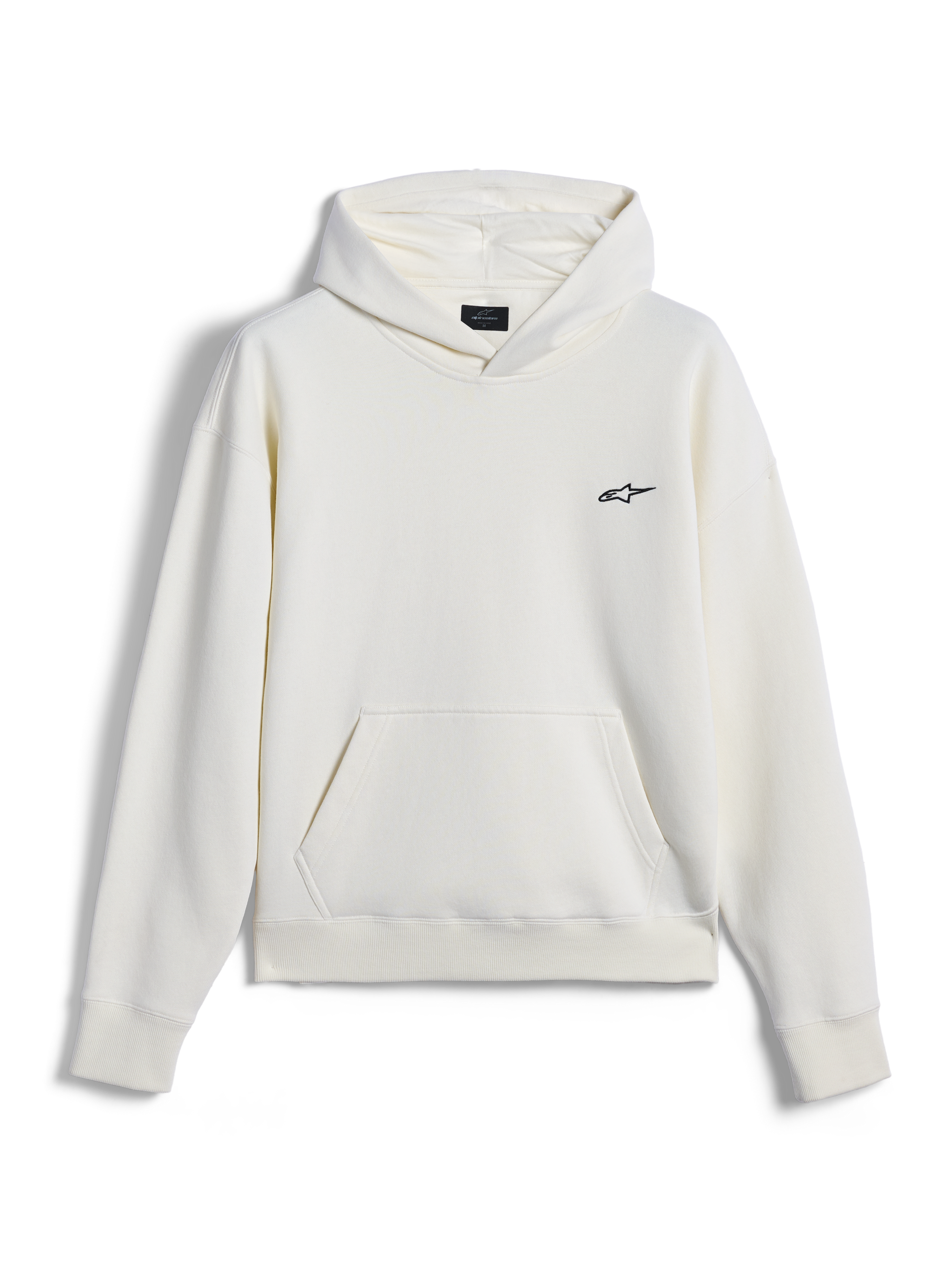 Alpinestars Essentials Ageless Hoodie, casual streetwear, off-white med liten svart Astar-logotyp på bröstet, känguruficka, långa ärmar, minimalistisk motorsportinspirerad design