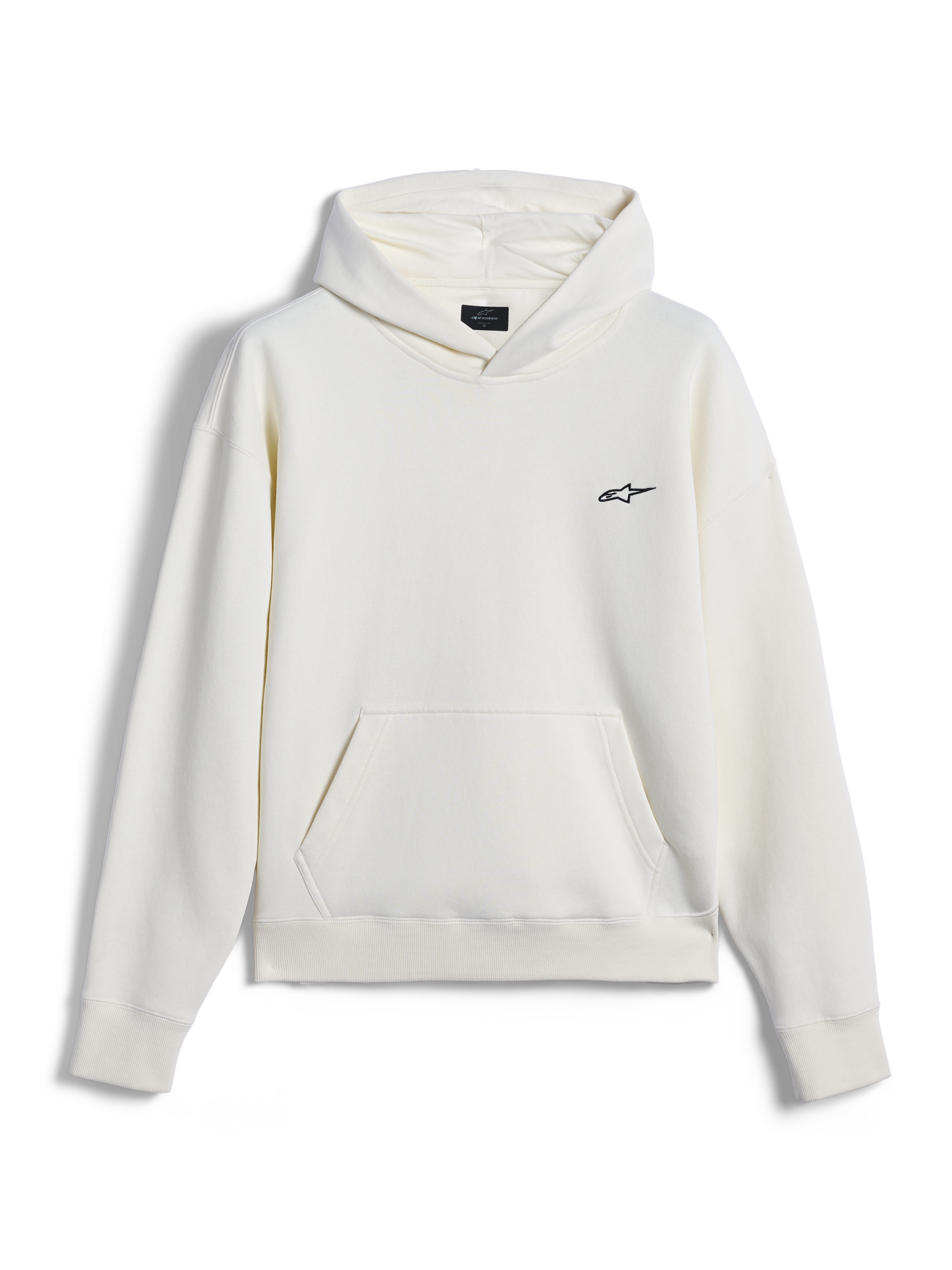 Alpinestars Essentials Ageless Hoodie, casual streetwear, off-white with small black Astar logo on the chest, kangaroo pocket, long sleeves, minimalist motorsport-inspired design