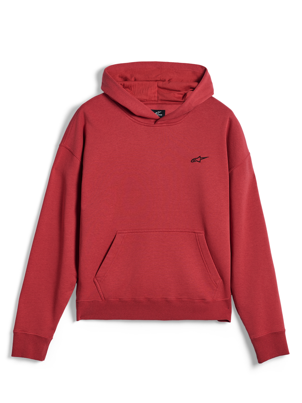 Alpinestars Essentials Ageless Hoodie, casual sportswear, brick red, featuring a small black Alpinestars star logo on the chest, kangaroo pocket, and ribbed hem and cuffs, minimalist streetwear design