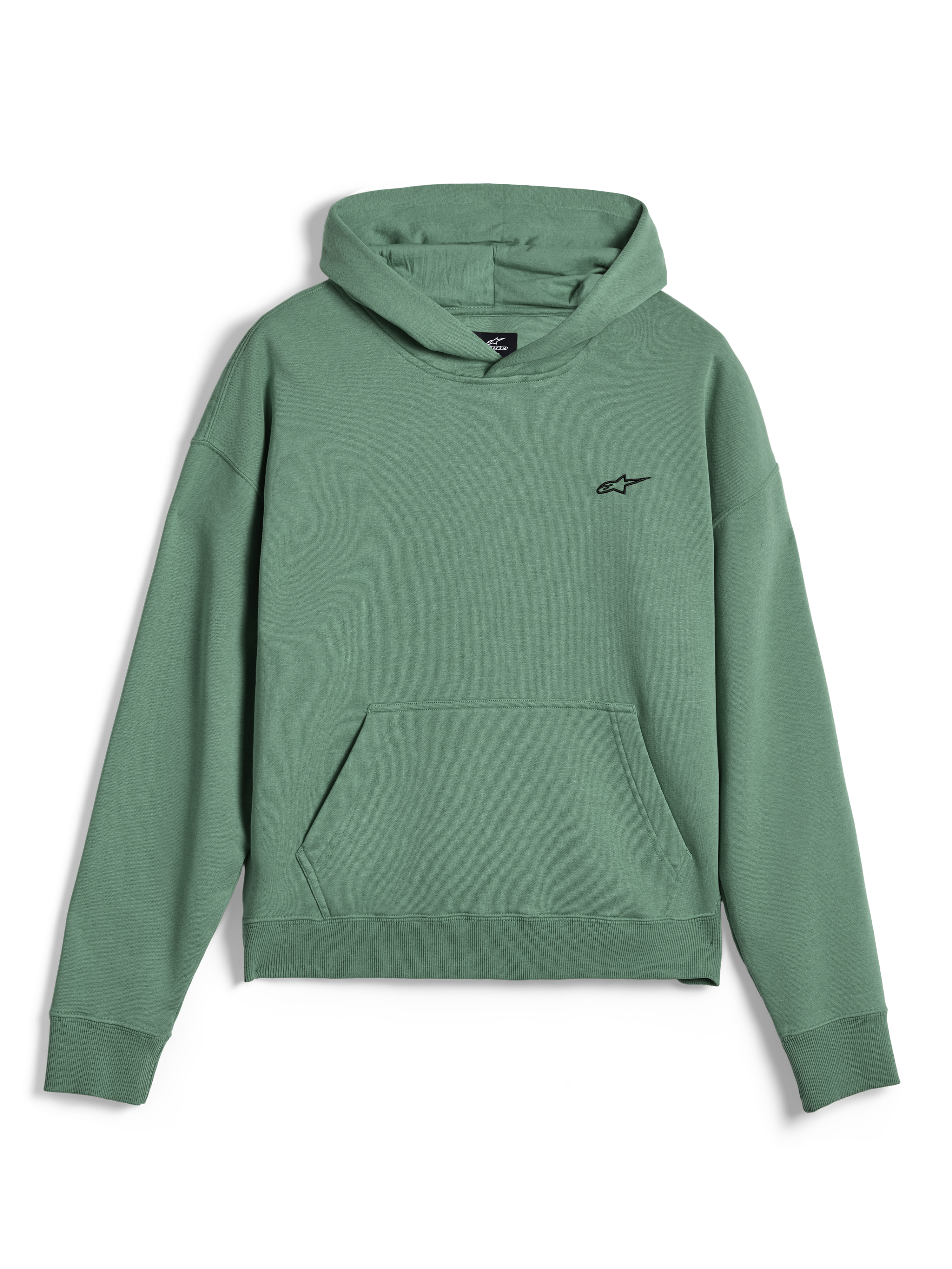 Alpinestars Essentials Ageless Hoodie, casual streetwear pullover, Cactus green with stone wash finish, small black Alpinestars logo on chest, front kangaroo pocket, ribbed cuffs and hem, premium fleece material