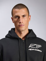 Alpinestars Formulation Hoodie, Black, male model wearing zip-front poly fleece, white Alpinestars logo on chest, drawstring hood, casual motorsport-inspired streetwear