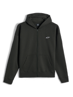 Alpinestars Essentials Ageless Zip Hoodie, full-zip fleece hoodie, Off Black, small white Alpinestars logo on the left chest, casual motorsport streetwear, featuring front pockets and ribbed cuffs