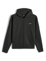 Alpinestars Essentials Ageless Zip Hoodie, fleecehuvtröja med hel dragkedja, Off Black, liten vit Alpinestars-logotyp på vänster bröst, vardaglig motorsport-streetwear, med framfickor och ribbade muddar