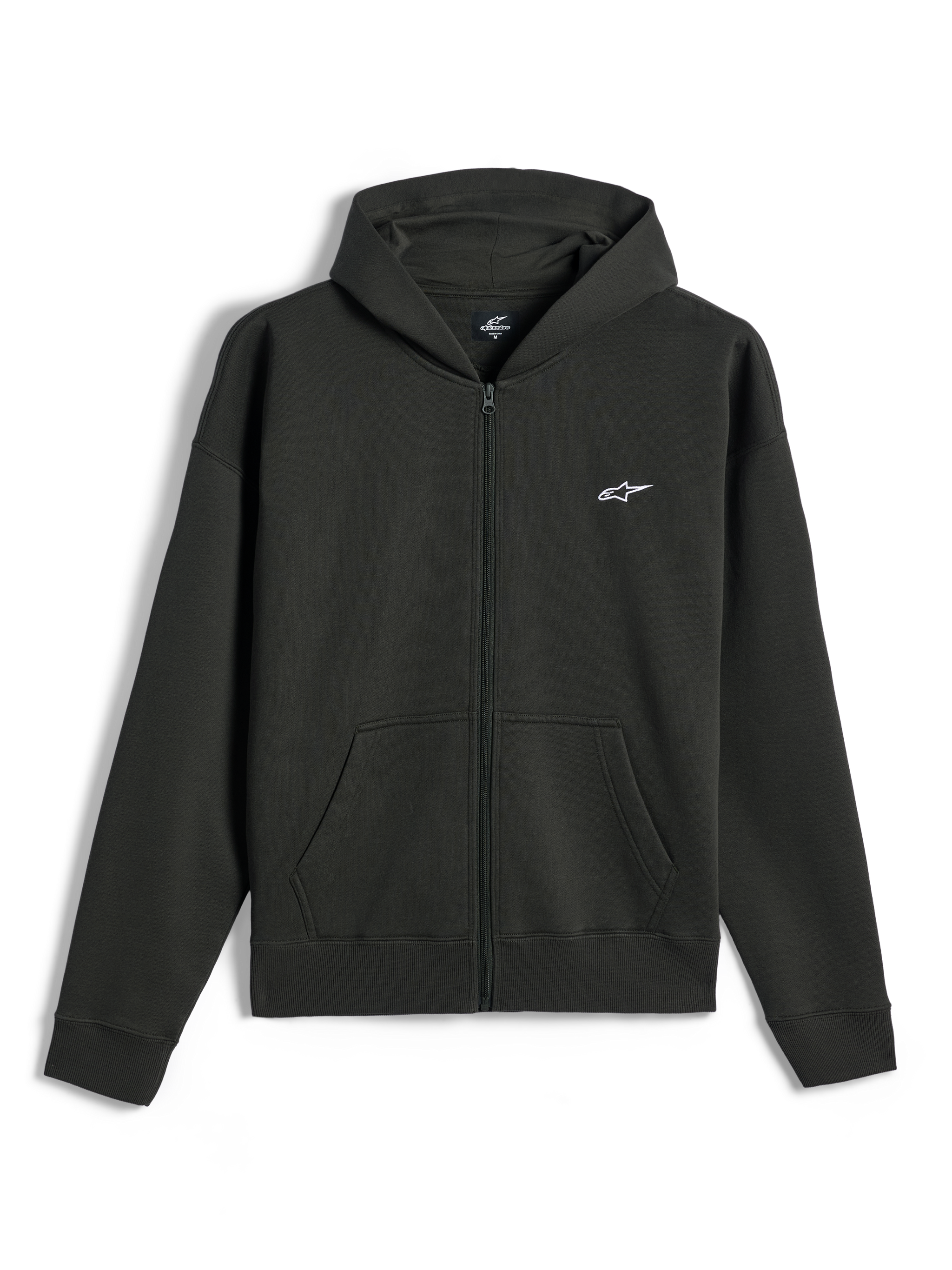 Alpinestars Essentials Ageless Zip Hoodie, fleecehuvtröja med hel dragkedja, Off Black, liten vit Alpinestars-logotyp på vänster bröst, vardaglig motorsport-streetwear, med framfickor och ribbade muddar