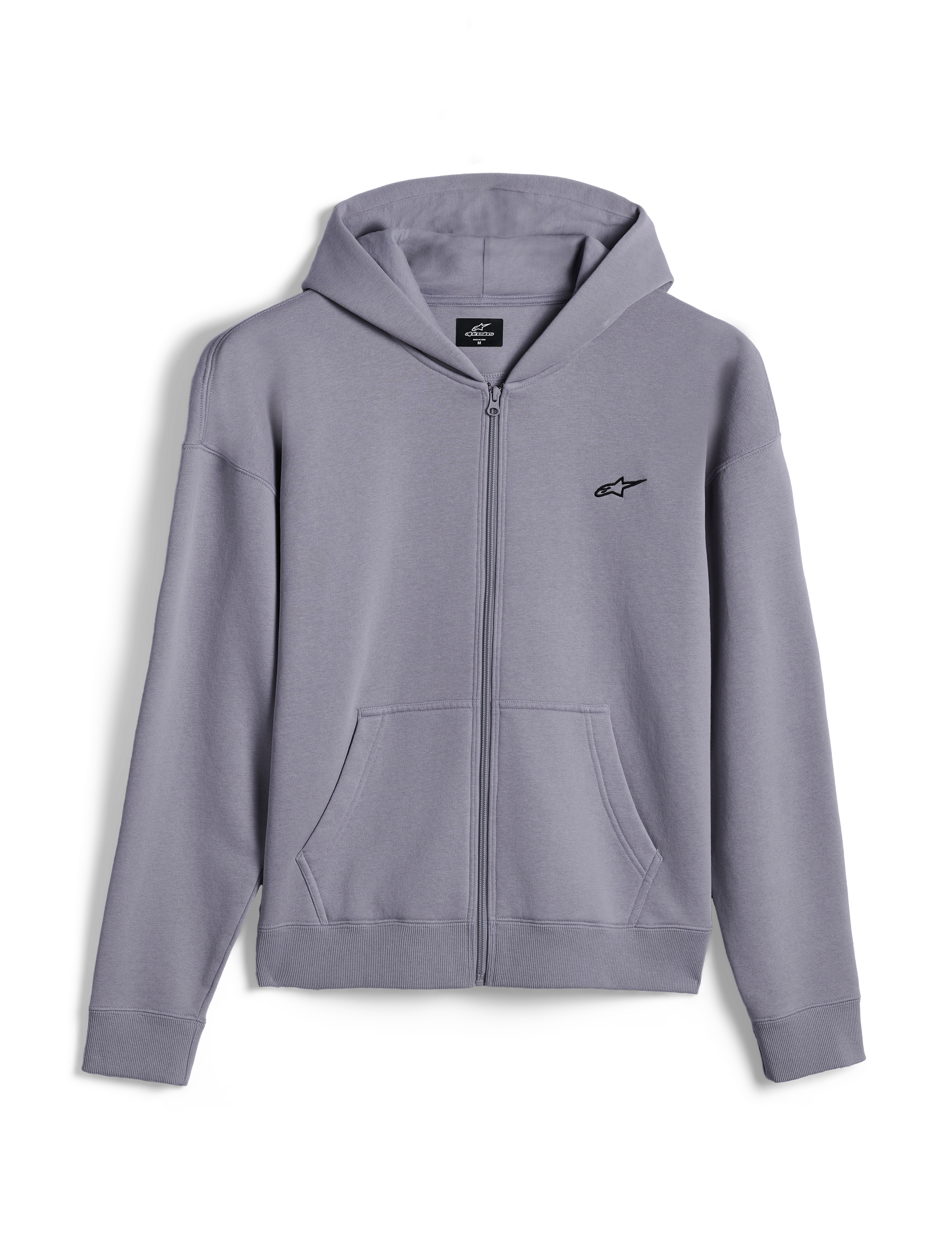Alpinestars Essentials Ageless Zip Hoodie, casual streetwear, Silver, small black Alpinestars logo on the chest, full-zip front with kangaroo pockets, ribbed cuffs and hem, minimalist motorsport-inspired design