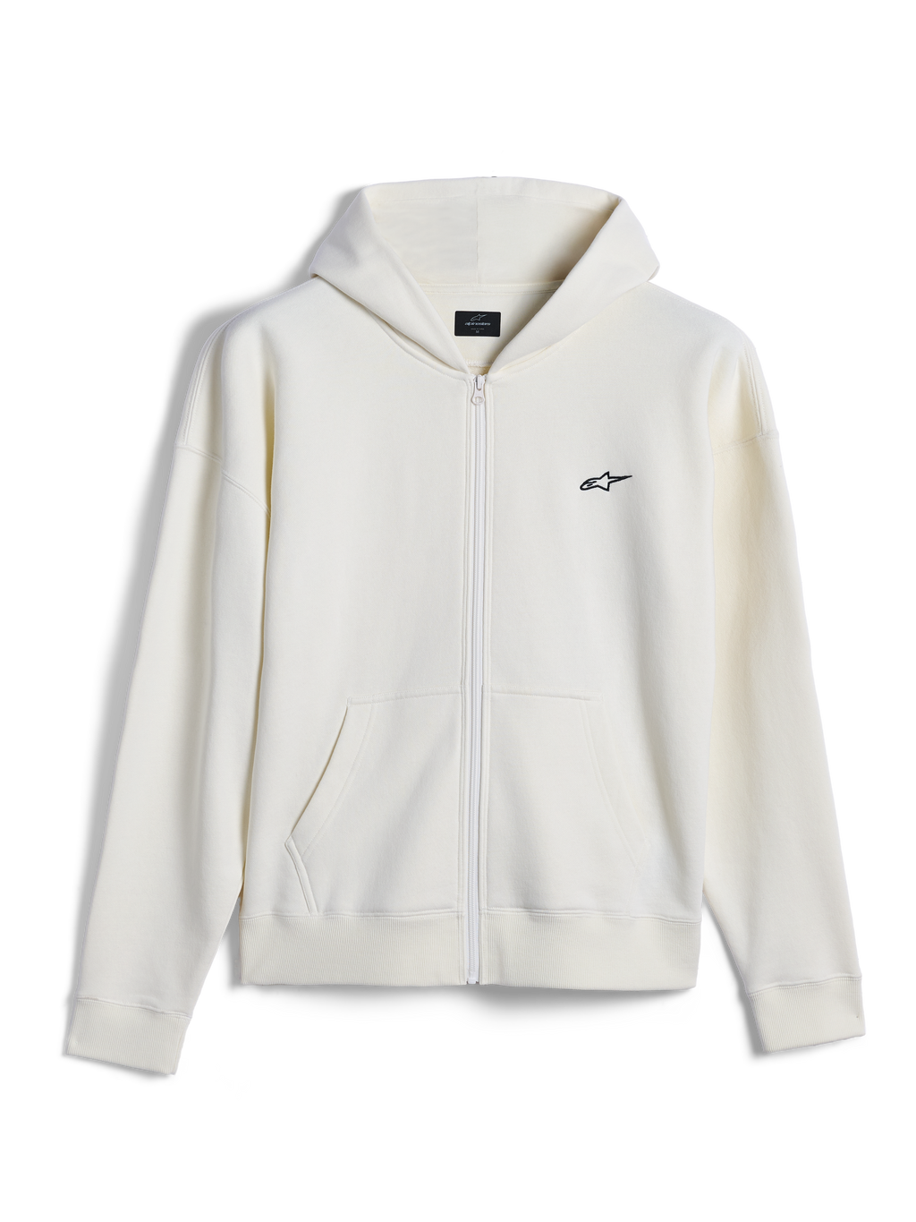 Alpinestars Essentials Ageless Zip Hoodie, casual streetwear, off-white med liten svart Alpinestars-logotyp, hel dragkedja fram, delad känguruficka, avslappnad passform, premiumdesign i kompakt fleece