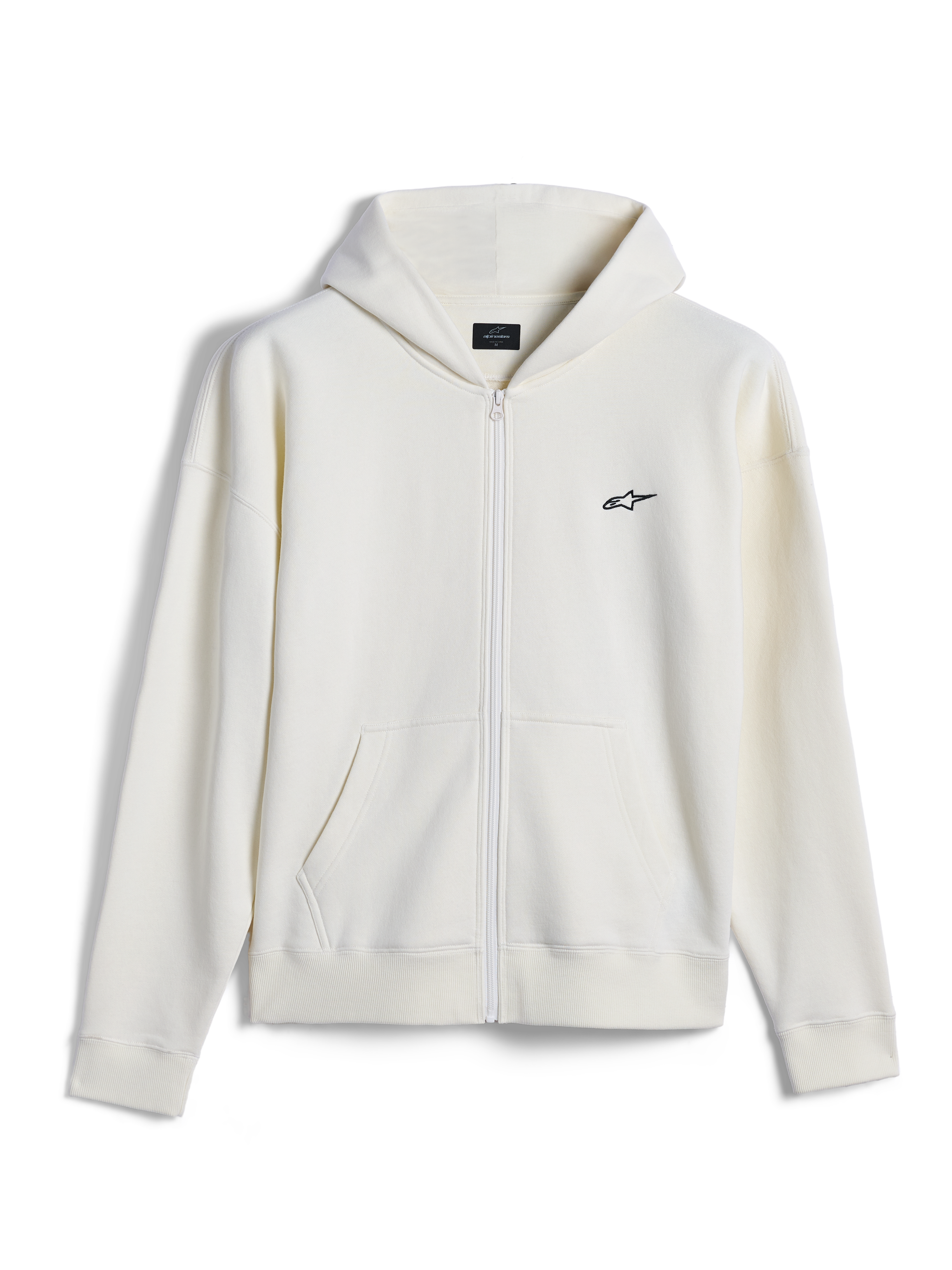 Alpinestars Essentials Ageless Zip Hoodie, casual streetwear, off-white med liten svart Alpinestars-logotyp, hel dragkedja fram, delad känguruficka, avslappnad passform, premiumdesign i kompakt fleece