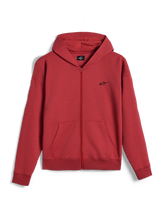 Alpinestars Essentials Ageless Zip Hoodie, huvtröja med hel dragkedja, tegelröd, liten svart Alpinestars-logotyp på bröstet, avslappnad motorsport-streetwear, ribbstickade muddar och fåll