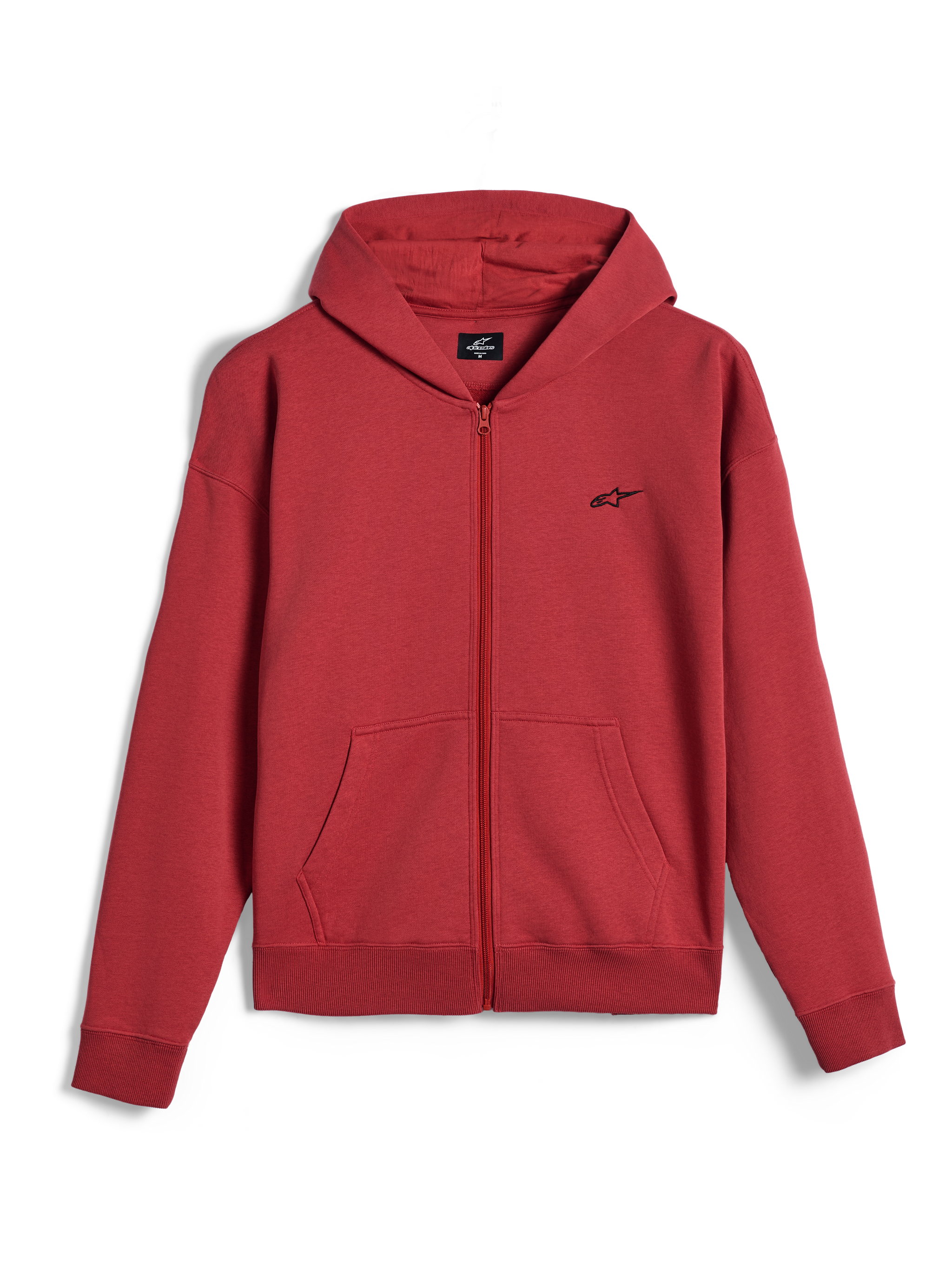 Alpinestars Essentials Ageless Zip Hoodie, huvtröja med hel dragkedja, tegelröd, liten svart Alpinestars-logotyp på bröstet, avslappnad motorsport-streetwear, ribbstickade muddar och fåll