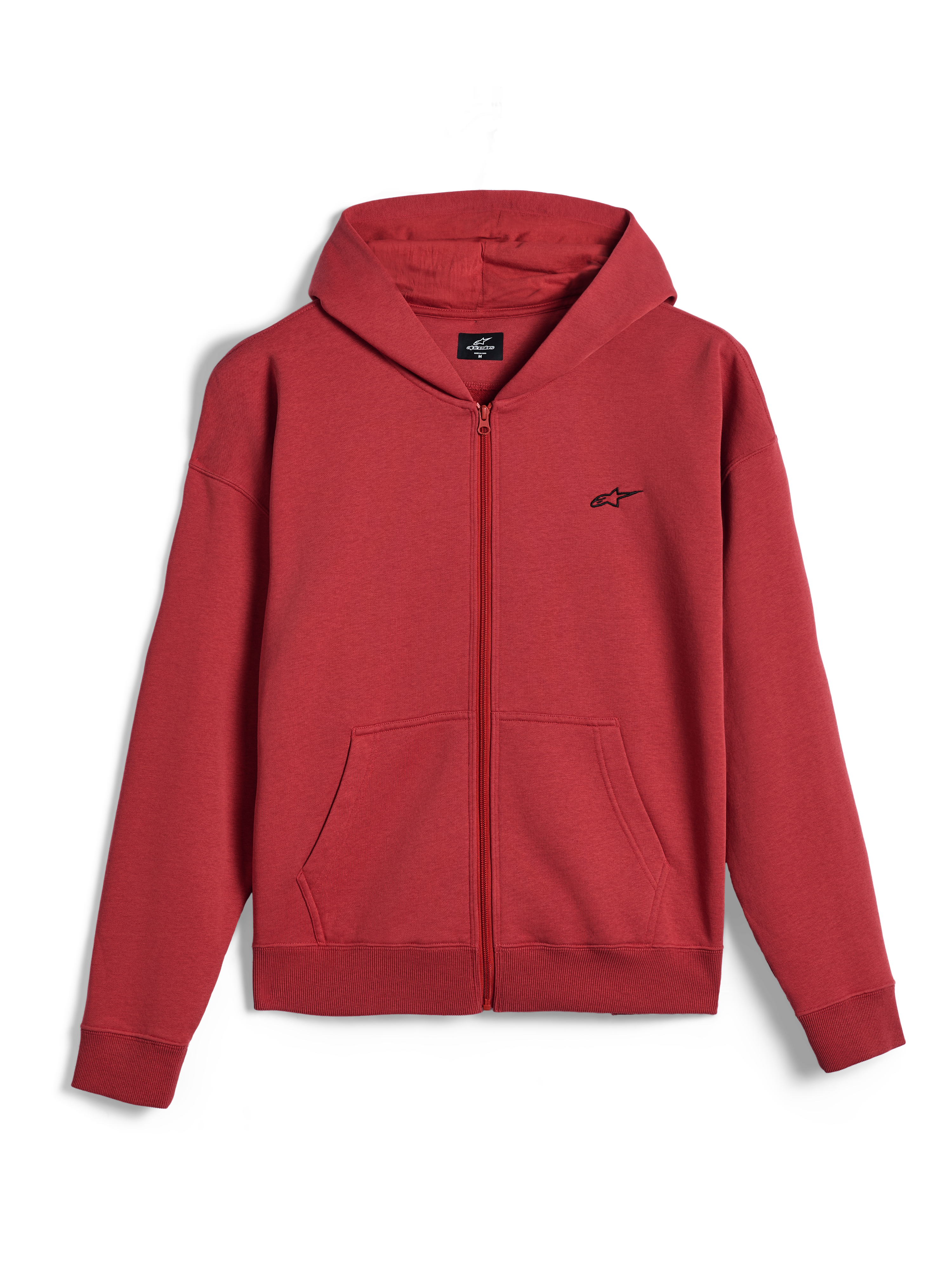 Alpinestars Essentials Ageless Zip Hoodie, huvtröja med hel dragkedja, tegelröd, liten svart Alpinestars-logotyp på bröstet, avslappnad motorsport-streetwear, ribbstickade muddar och fåll