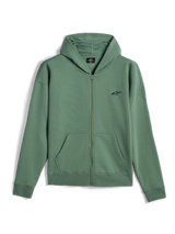 Alpinestars Essentials Ageless Zip Hoodie, casual streetwear, Cactus Green with small black Alpinestars logo, full-zip front, hooded sweatshirt with split kangaroo pockets, ribbed cuffs and hem, motorsport-inspired design