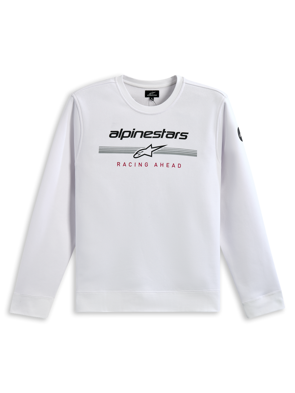 Alpinestars Bettern Crew sweatshirt, vit, med svart Alpinestars-logotyp, grå racingränder med en vit stjärnlogotyp och rött 'RACING AHEAD'-tryck, vardaglig motorsportinspirerad streetwear