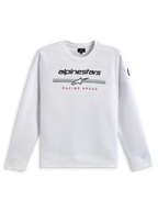 Alpinestars Bettern Crew sweatshirt, vit, med svart Alpinestars-logotyp, grå racingränder med en vit stjärnlogotyp och rött 'RACING AHEAD'-tryck, vardaglig motorsportinspirerad streetwear