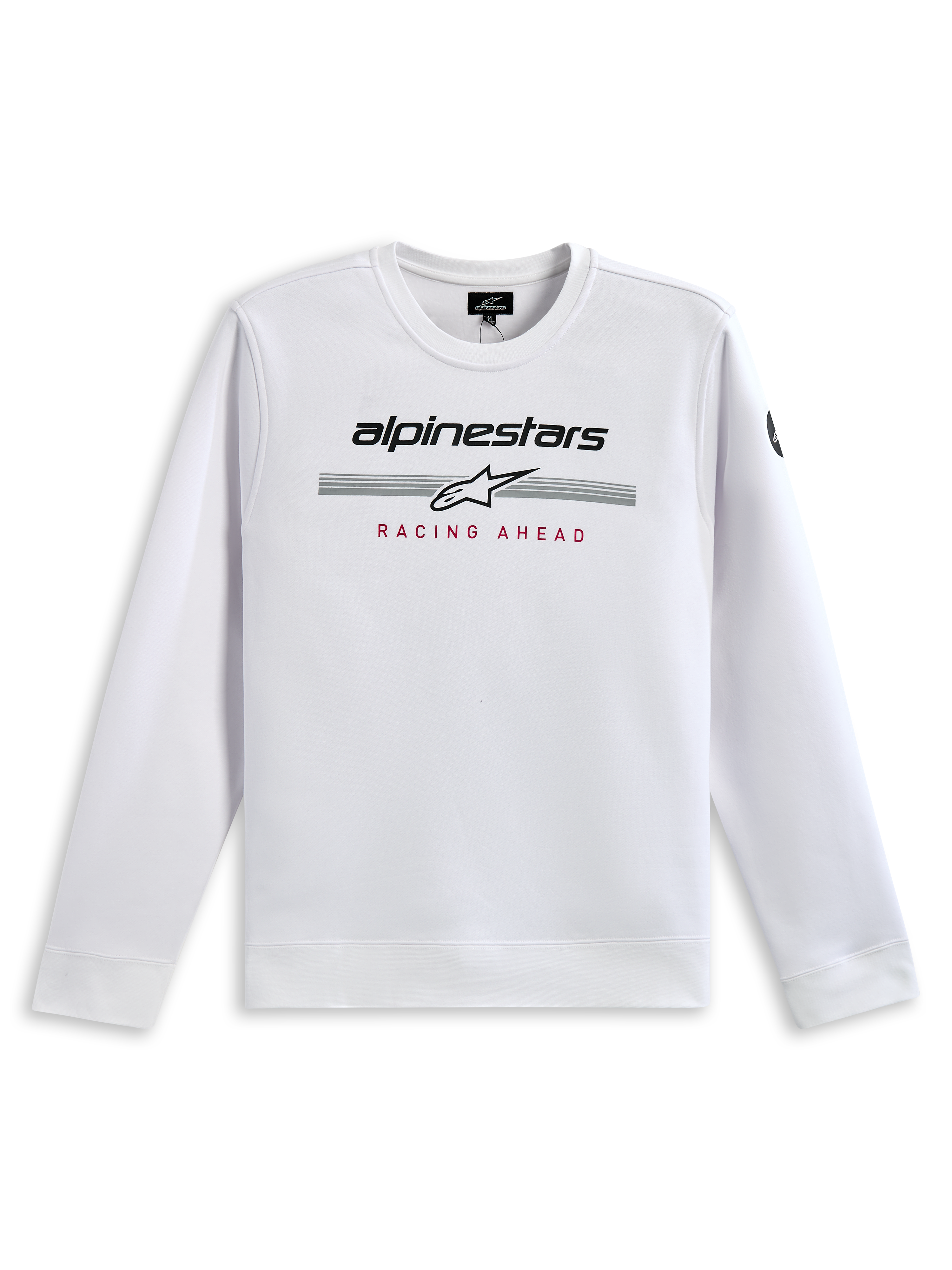 Alpinestars Bettern Crew sweatshirt, vit, med svart Alpinestars-logotyp, grå racingränder med en vit stjärnlogotyp och rött 'RACING AHEAD'-tryck, vardaglig motorsportinspirerad streetwear