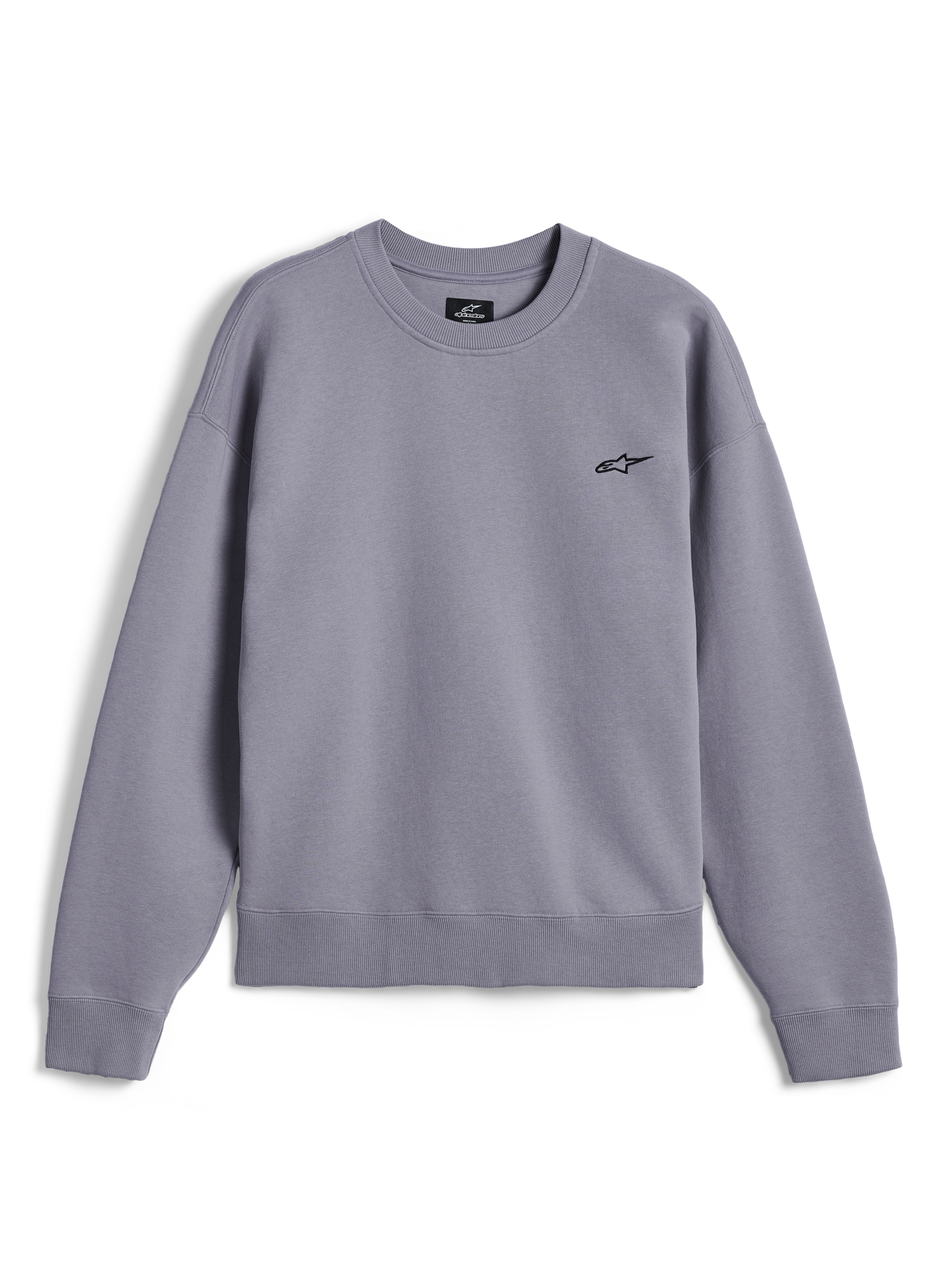 Alpinestars Essentials Ageless Crew, premium crewneck-tröja, Silver, med en liten svart Astar-logotyp på bröstet, ribbad krage, muddar och nederkant, avslappnad motorsportinspirerad streetwear